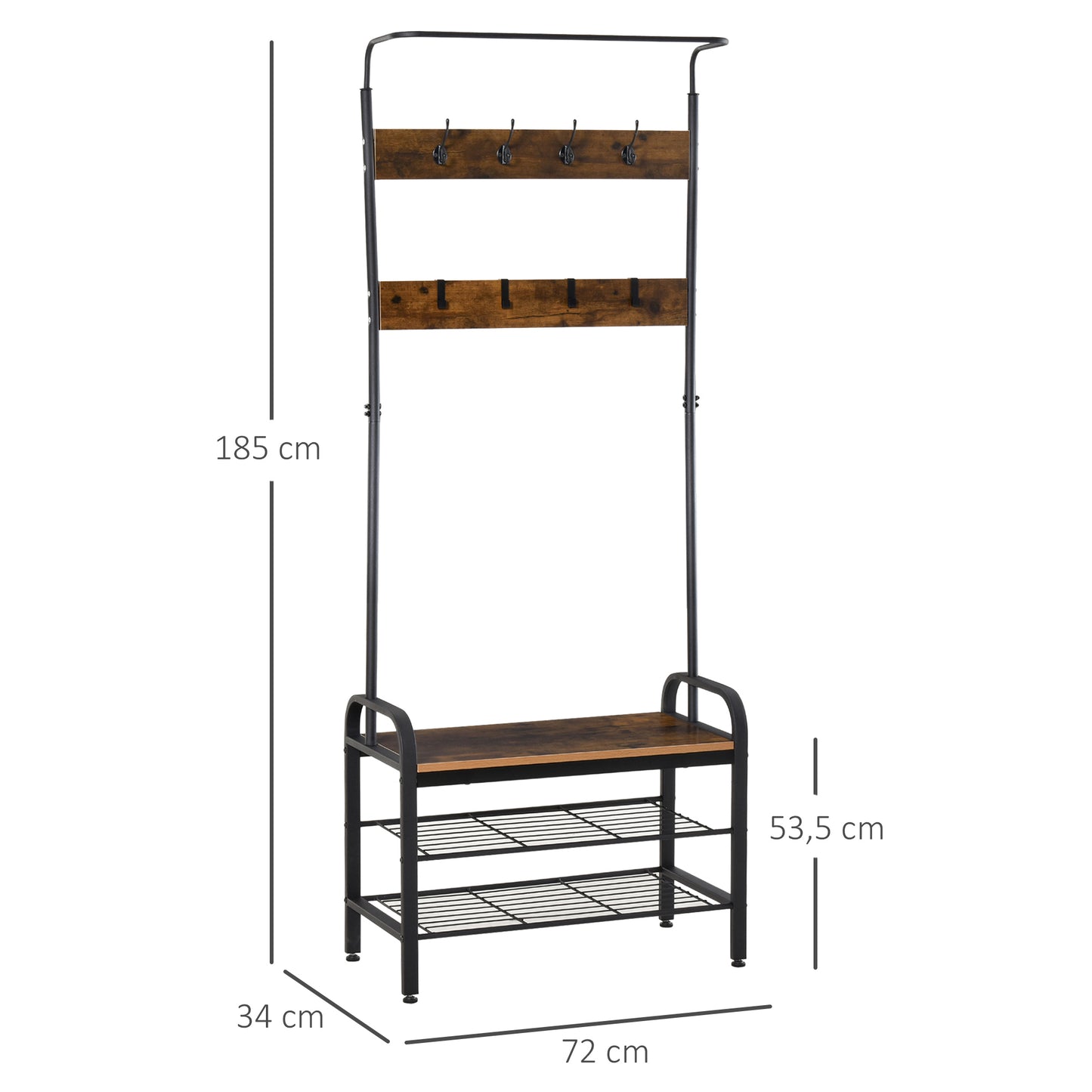 HOMCOM Perchero de Pie Perchero Metálico Zapatero 3 Estantes 8 Ganchos Colgador para Zapatos Ropas para Pasillo Entrada 72x34x185cm