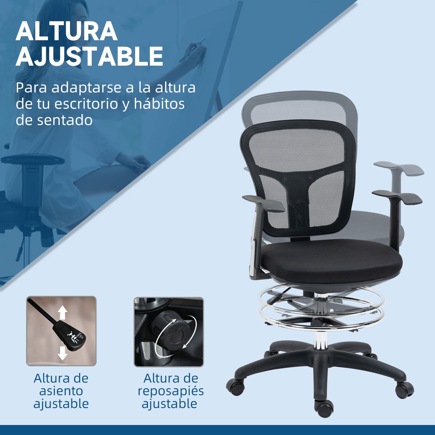 Vinsetto Silla de Dibujo Ergonómica de Malla Silla de Escritorio Giratoria con Reposabrazos Anillo de Reposapiés Ajustable y Altura del Asiento para Salón Oficina 59x59x95-115 cm Negro