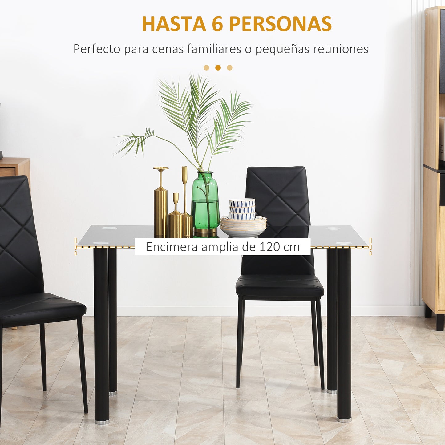 HOMCOM Mesa de Comedor Rectangular Mesa de Cocina Moderna con Tablero de Vidrio Templado y Patas de Acero para 4-6 Personas en Salón Oficina 120x60x75 cm Negro