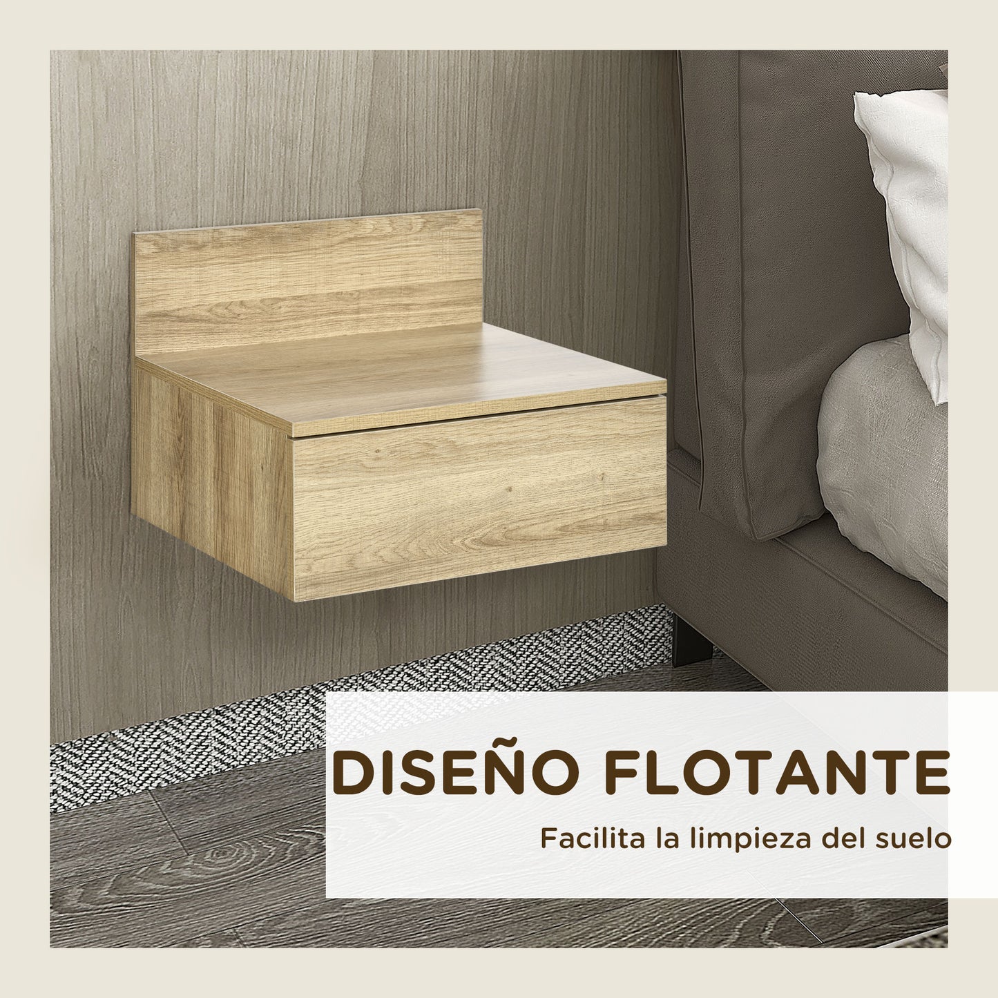 HOMCOM 2 Mesitas de Noche Flotantes Juego de 2 Mesillas de Noche de Pared con Cajón de Almacenamiento para Dormitorio Habitación Hogar 43x36,5x30,5 cm Natural