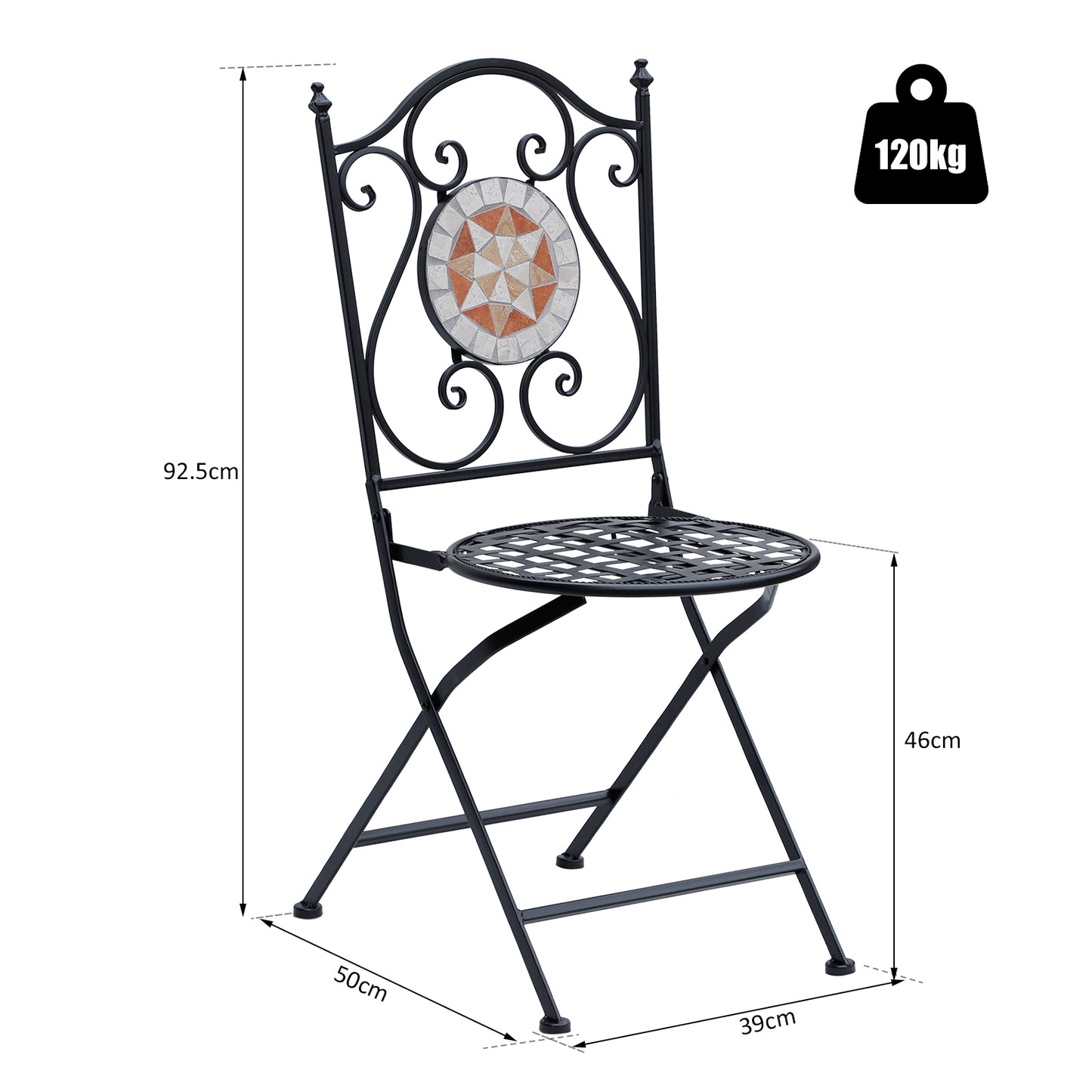 Outsunny Set de 2 Sillas Plegables de Jardín Bistro Silla Asiento Mosaico para Terraza Balcón Metal Carga 120 kg 50x40x94,5 cm Negro