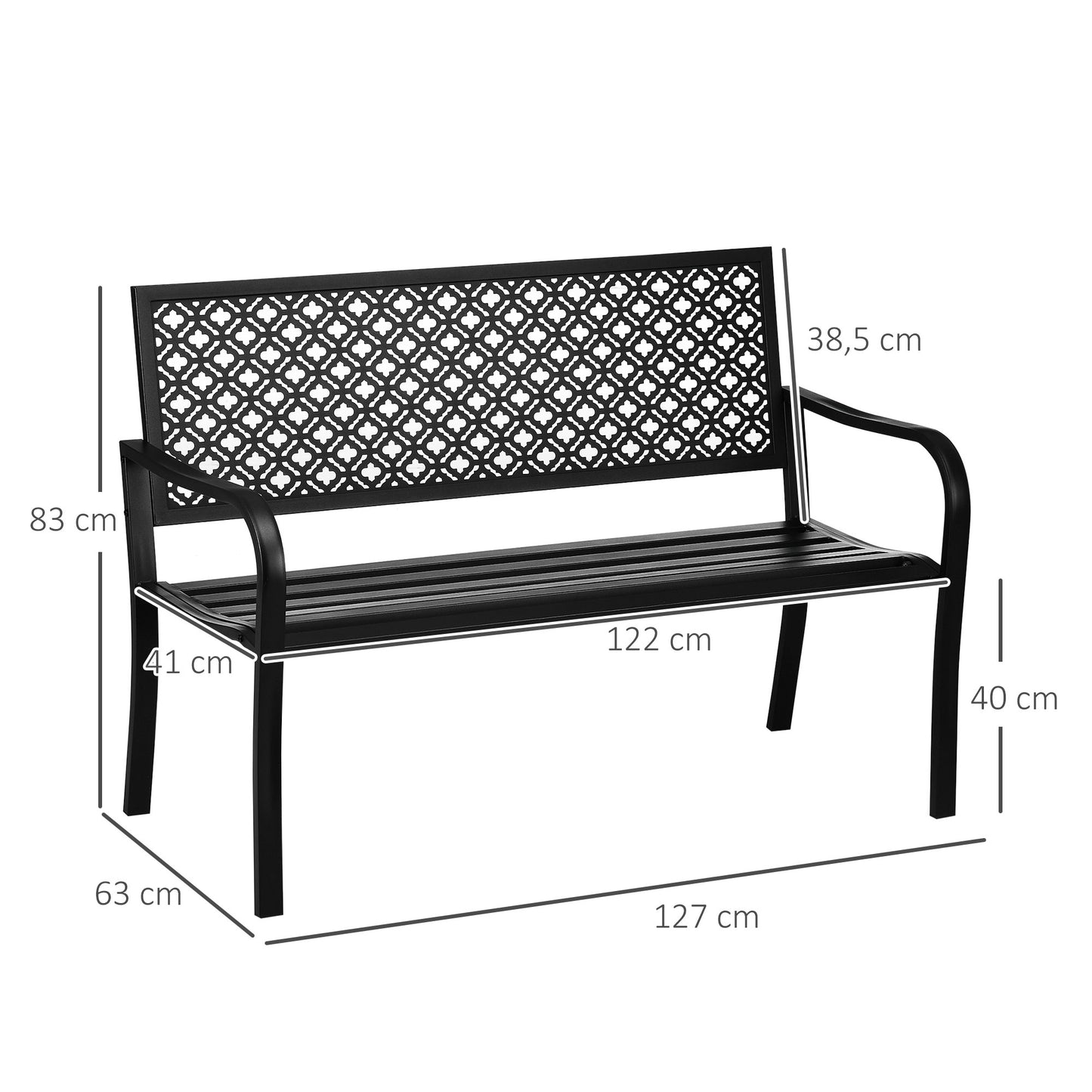 Outsunny Banco de Jardín de Acero Banco Exterior de 2 Plazas con Respaldo Decorativo Estampado para Terraza Balcón Patio Carga 240 kg 127x63x83 cm Negro