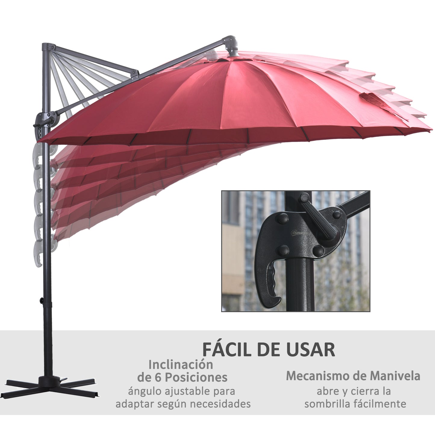 Outsunny Parasol Sombrilla de Jardín Ø300 cm de Diámetro con Manivela y Poste Giratorio 360° Techo Inclinable en 6 Posiciones Base Cruzada Incluida Rojo