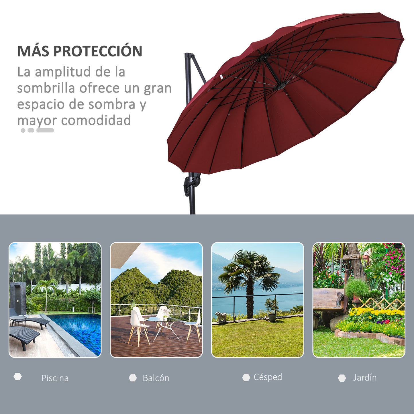 Outsunny Parasol Sombrilla de Jardín Ø300 cm de Diámetro con Manivela y Poste Giratorio 360° Techo Inclinable en 6 Posiciones Base Cruzada Incluida Rojo