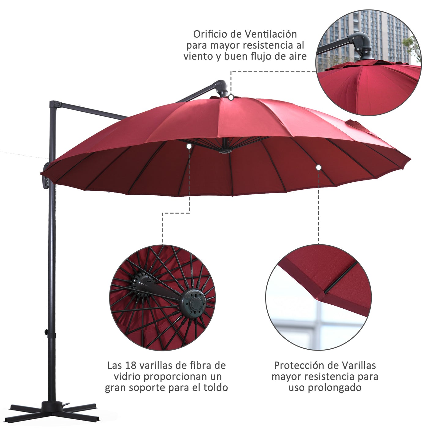 Outsunny Parasol Sombrilla de Jardín Ø300 cm de Diámetro con Manivela y Poste Giratorio 360° Techo Inclinable en 6 Posiciones Base Cruzada Incluida Rojo