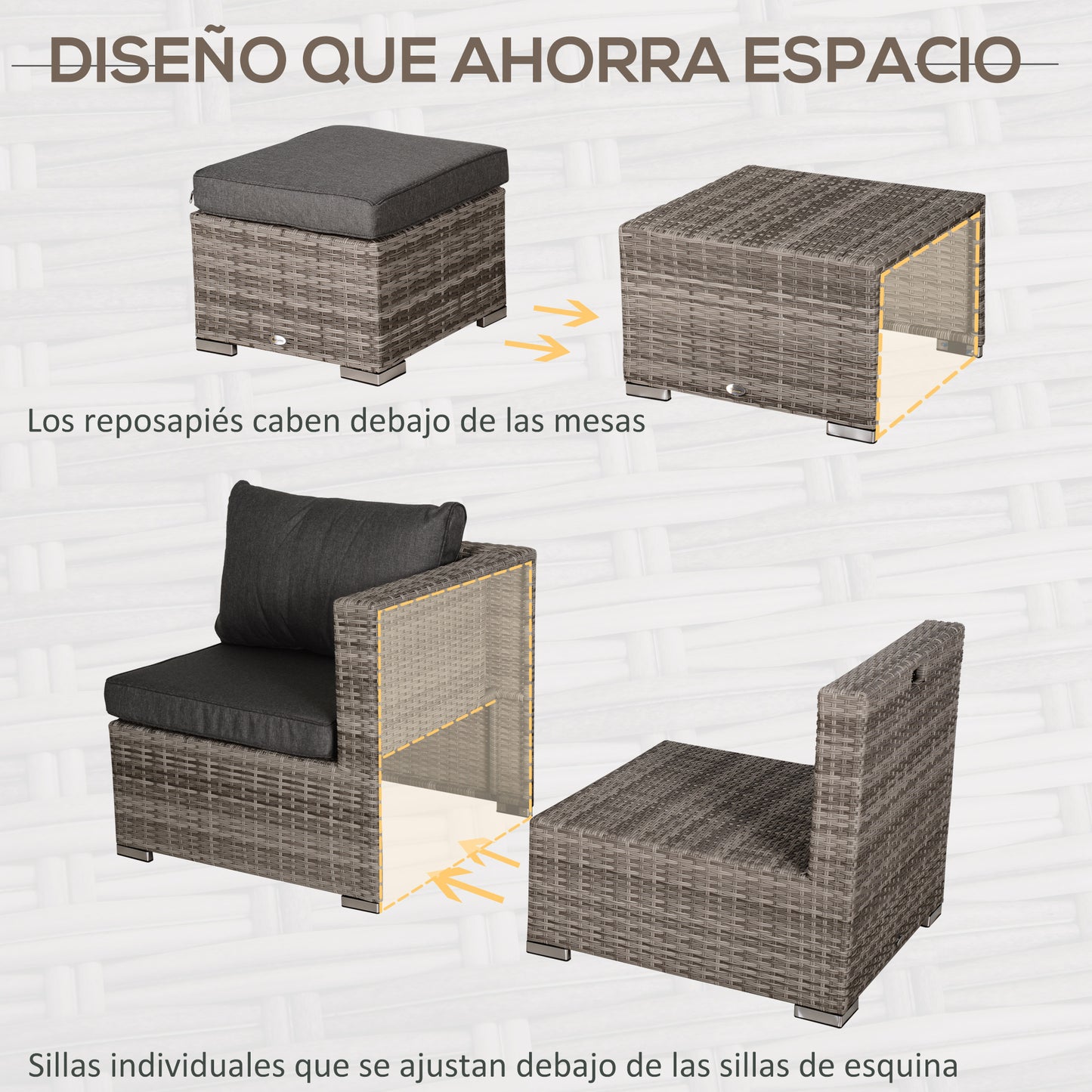 Outsunny Conjunto de Muebles de Jardín 8 Piezas de Ratán Convertible con 2 Mesas de Centro 2 Sofás esquineros 2 Sillones 2 Taburetes con Cojines para Patio Porche Terraza Gris