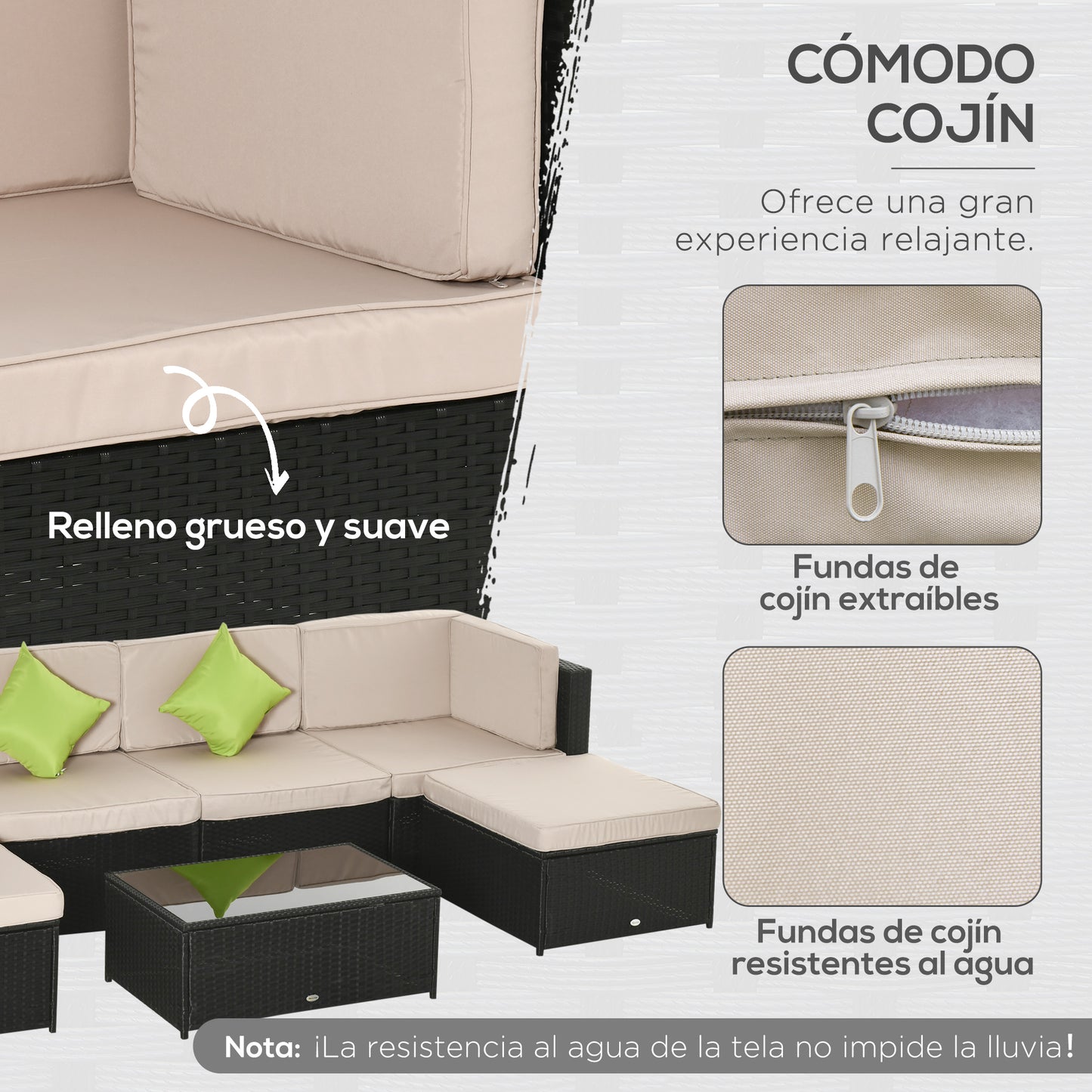 Outsunny Conjunto Muebles de Jardín de Ratán 7 Piezas Mesa Sofás Taburetes con Cojines Lavables 2xSofá de Esquina 2xSofá 2xTaburete 1xMesa de Centro para Exterior Multicolor