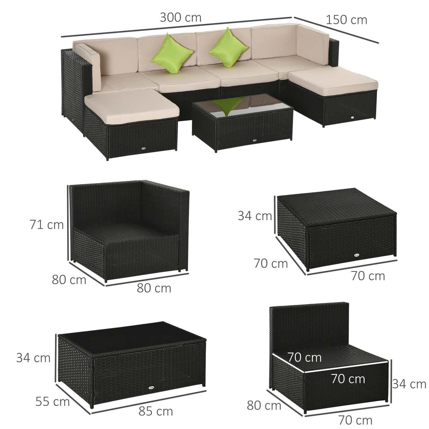 Outsunny Conjunto Muebles de Jardín de Ratán 7 Piezas Mesa Sofás Taburetes con Cojines Lavables 2xSofá de Esquina 2xSofá 2xTaburete 1xMesa de Centro para Exterior Multicolor