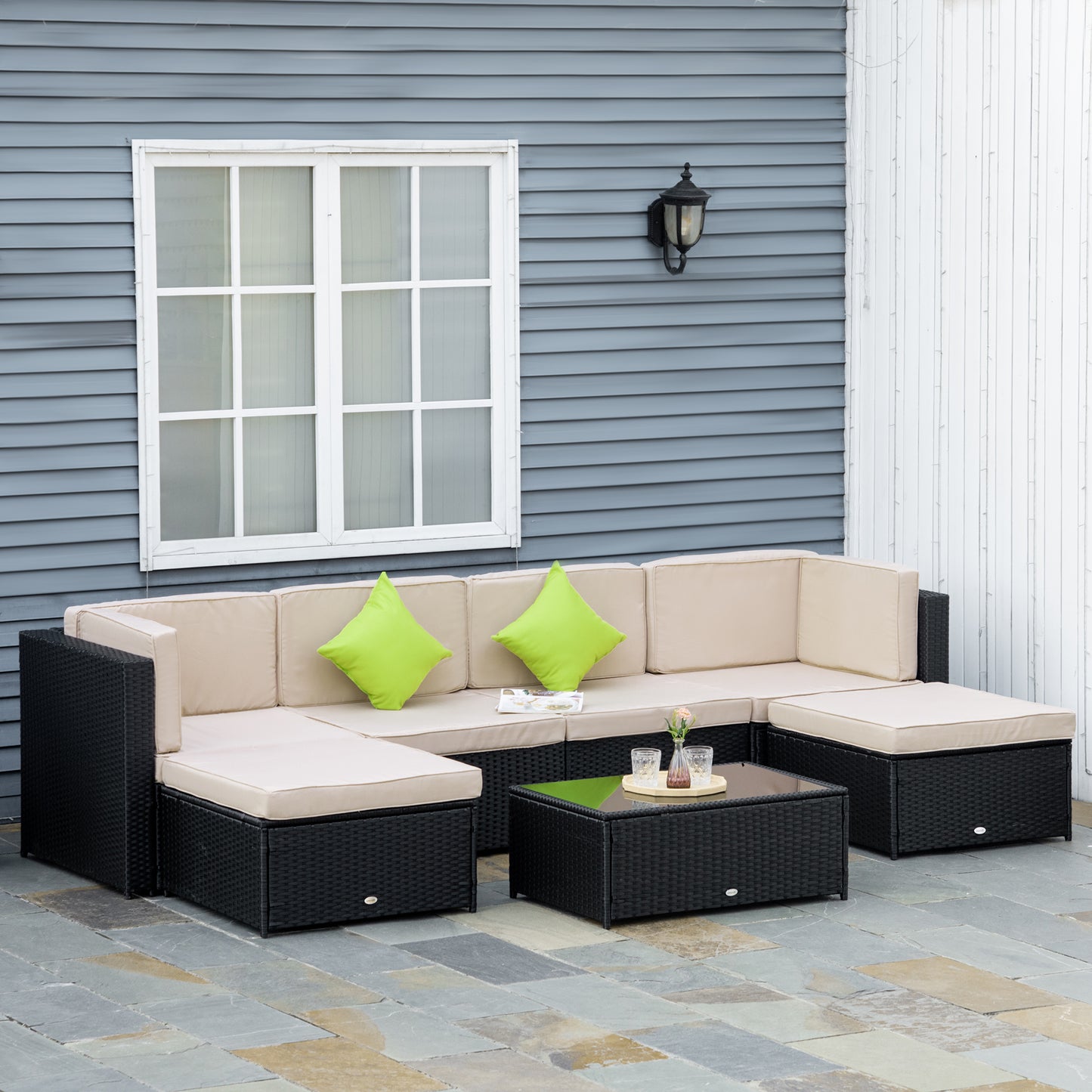 Outsunny Conjunto Muebles de Jardín de Ratán 7 Piezas Mesa Sofás Taburetes con Cojines Lavables 2xSofá de Esquina 2xSofá 2xTaburete 1xMesa de Centro para Exterior Multicolor