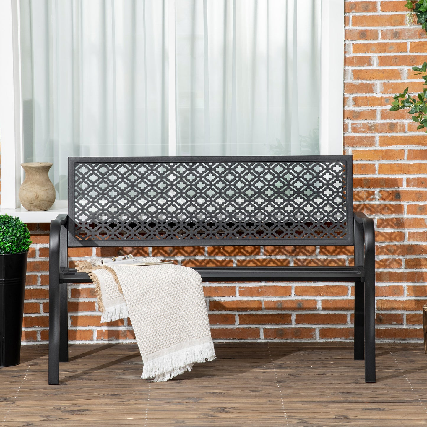 Outsunny Banco de Jardín de Acero Banco Exterior de 2 Plazas con Respaldo Decorativo Estampado para Terraza Balcón Patio Carga 240 kg 127x63x83 cm Negro