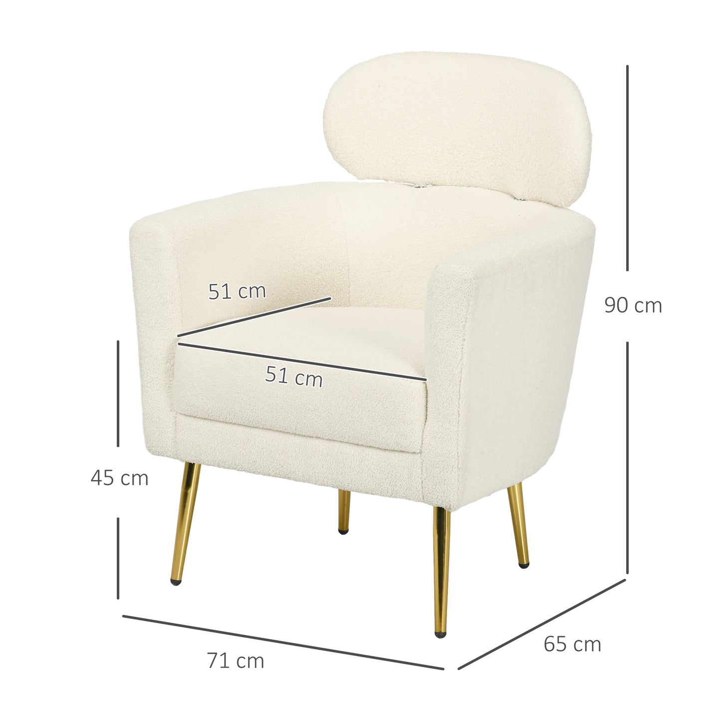 HOMCOM Butaca de Salón Sillón Individual Silla de Ocio Tapizado en Vellón con Reposacabezas y Patas de Metal para Dormitorio Oficina Habitación Carga 125 kg Crema