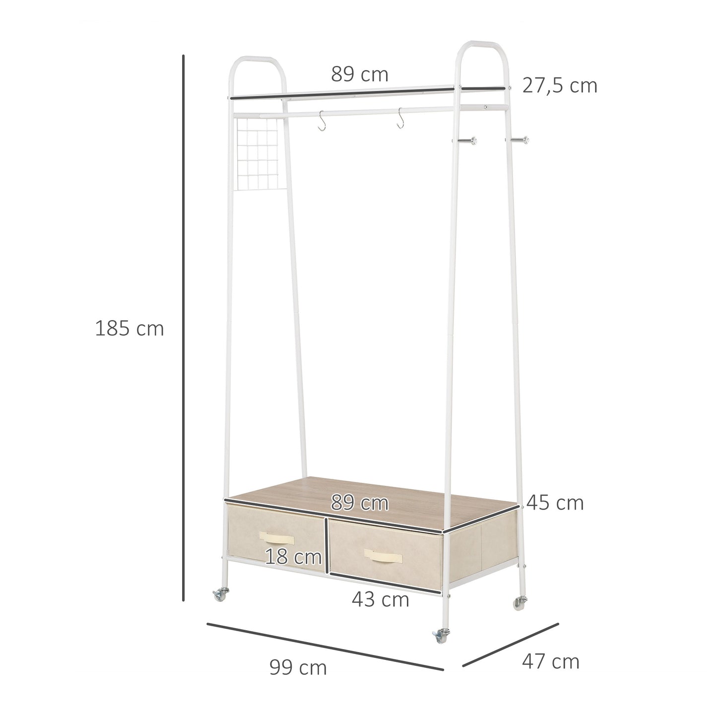 HOMCOM Perchero Metálico con Ruedas Colgador para Ropa con Riel Estantes Cajones para Organizar Ropa Bolsos Zapatos para Hogar Vestidor Pasillo 99x47x185cm