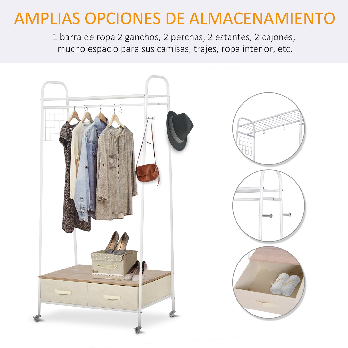 HOMCOM Perchero Metálico con Ruedas Colgador para Ropa con Riel Estantes Cajones para Organizar Ropa Bolsos Zapatos para Hogar Vestidor Pasillo 99x47x185cm