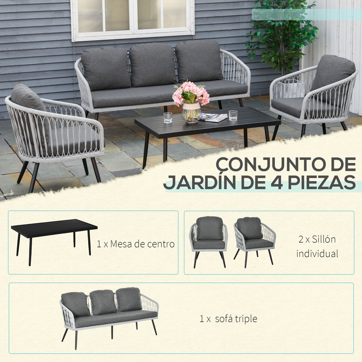 Outsunny Conjunto de Muebles de Ratán y Aluminio Juego de Muebles de Jardín 4 Piezas Mesa de Café Sofá de 3 Plazas y 2 Sillones con Cojines para Terraza Exterior Gris