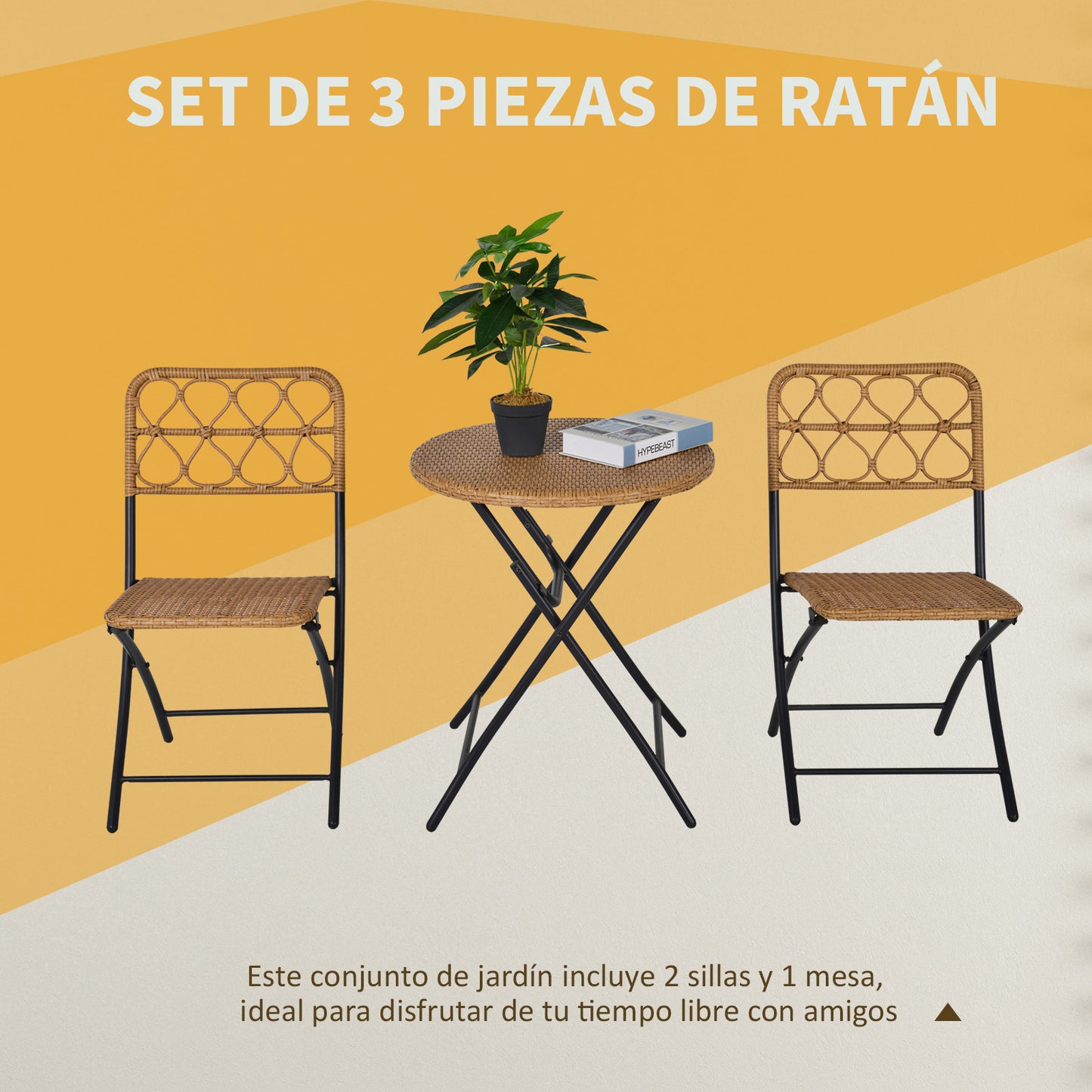 Outsunny Conjunto de Mesa y 2 Sillas Plegables de Ratán con Respaldo para Jardín Terraza Exterior Estructura de Acero Ø60x71 cm y 46x56x83 cm Madera Natural