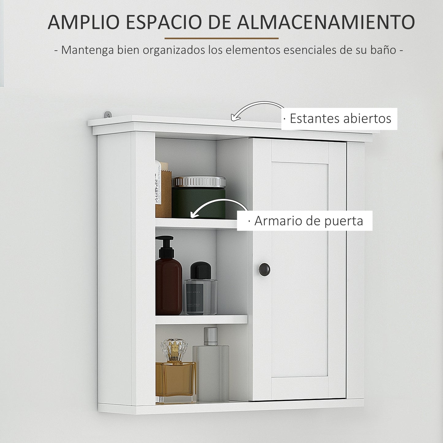 HOMCOM Armario de Baño de Pared Multifuncional Gabinete para Ahorro de Espacio con 3 Niveles Abiertos 1 Puerta Estante Ajustable Antivuelco 53x14,5x50,5 cm Blanco