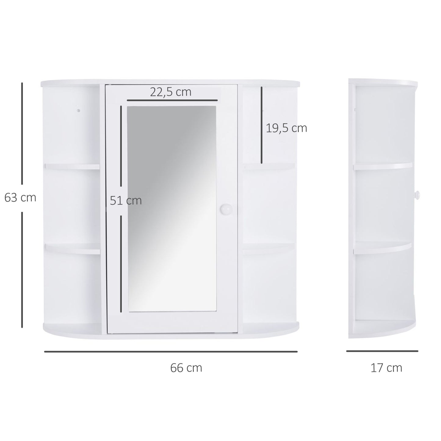 HOMCOM Armario de Baño con Espejo Mueble Colgante de Aseo con 1 Puerta 2 Estantes Interiores y 6 Estantes Laterales para Salón Cocina Dormitorio 66x17x63 cm Blanco