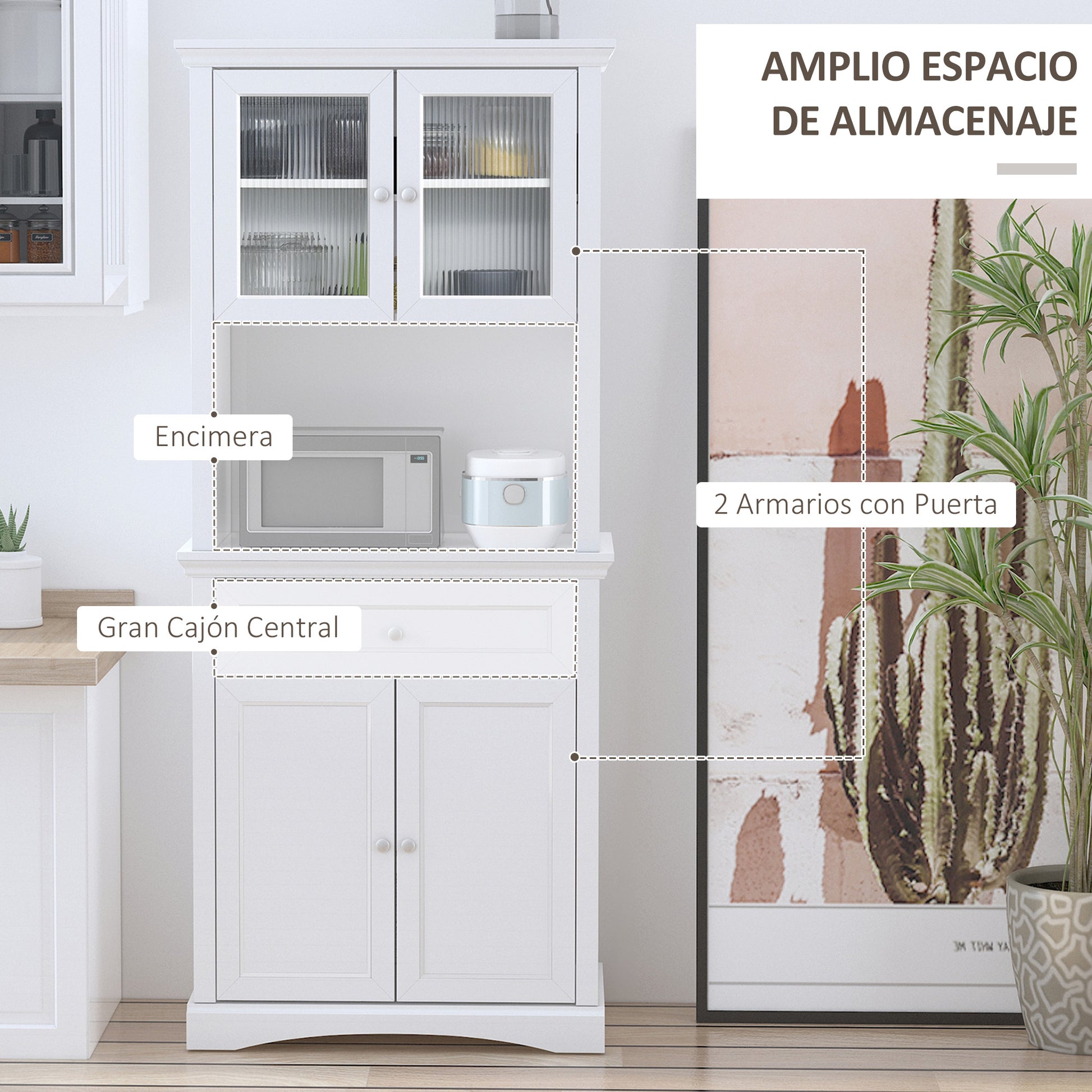 HOMCOM alacena moderna para cocina con Cajón 4 Puertas y Estantes  Interiores Ajustables Mueble Auxiliar de Almacenaje Moderno para Comedor  Salón 80x40x180 cm Blanco