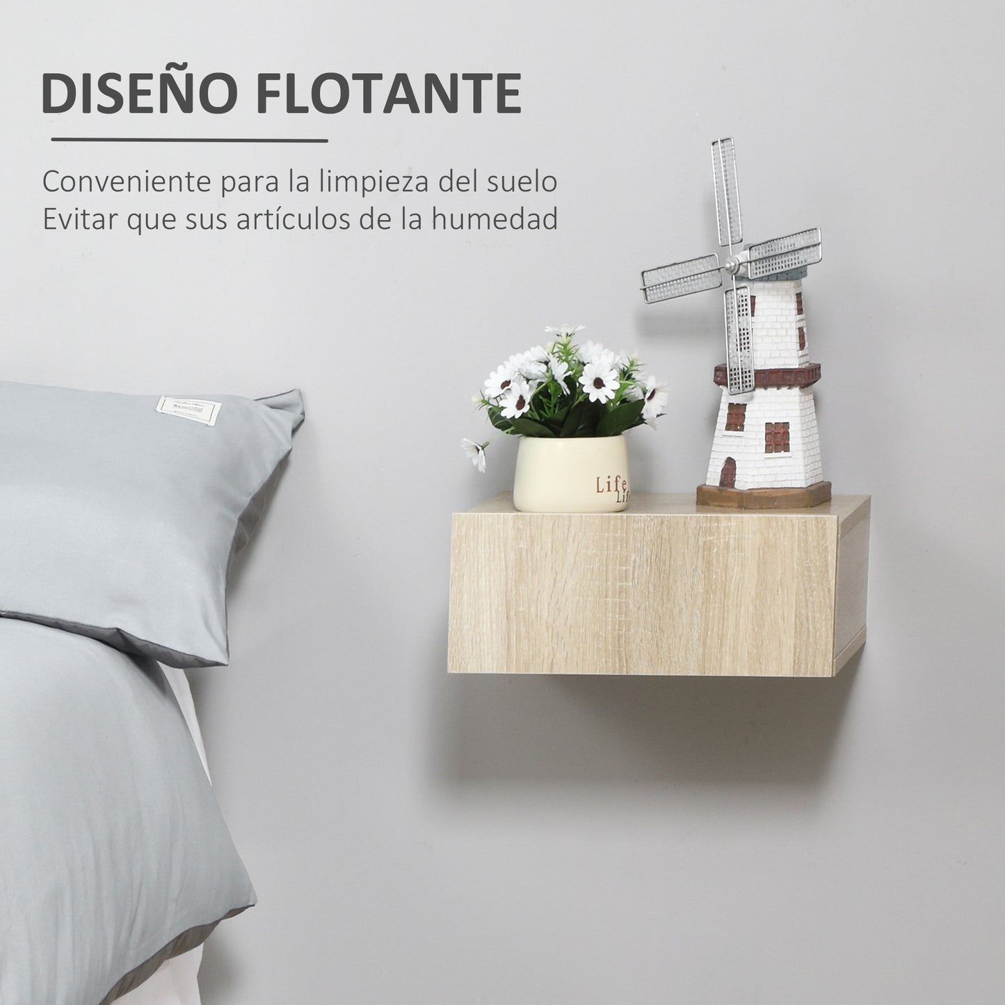 HOMCOM Set de 2 Mesitas de Noche Flotantes con 1 Cajón Diseño Montado en la Pared Estilo Moderno para Dormitorio 40x30x15 cm Natural