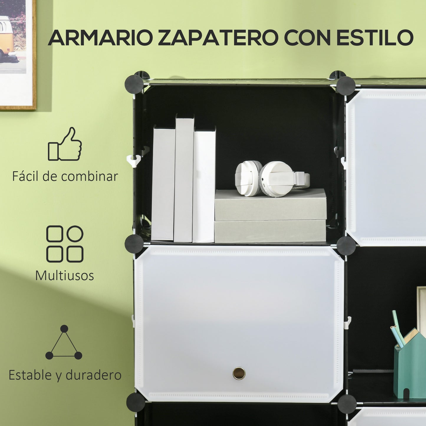 HOMCOM Armario Modular de Plástico Cajas de Zapatos con 12 Cubos Zapatero Organizador para Entrada Pasillo Dormitorio 125x32x125 cm Negro y Blanco