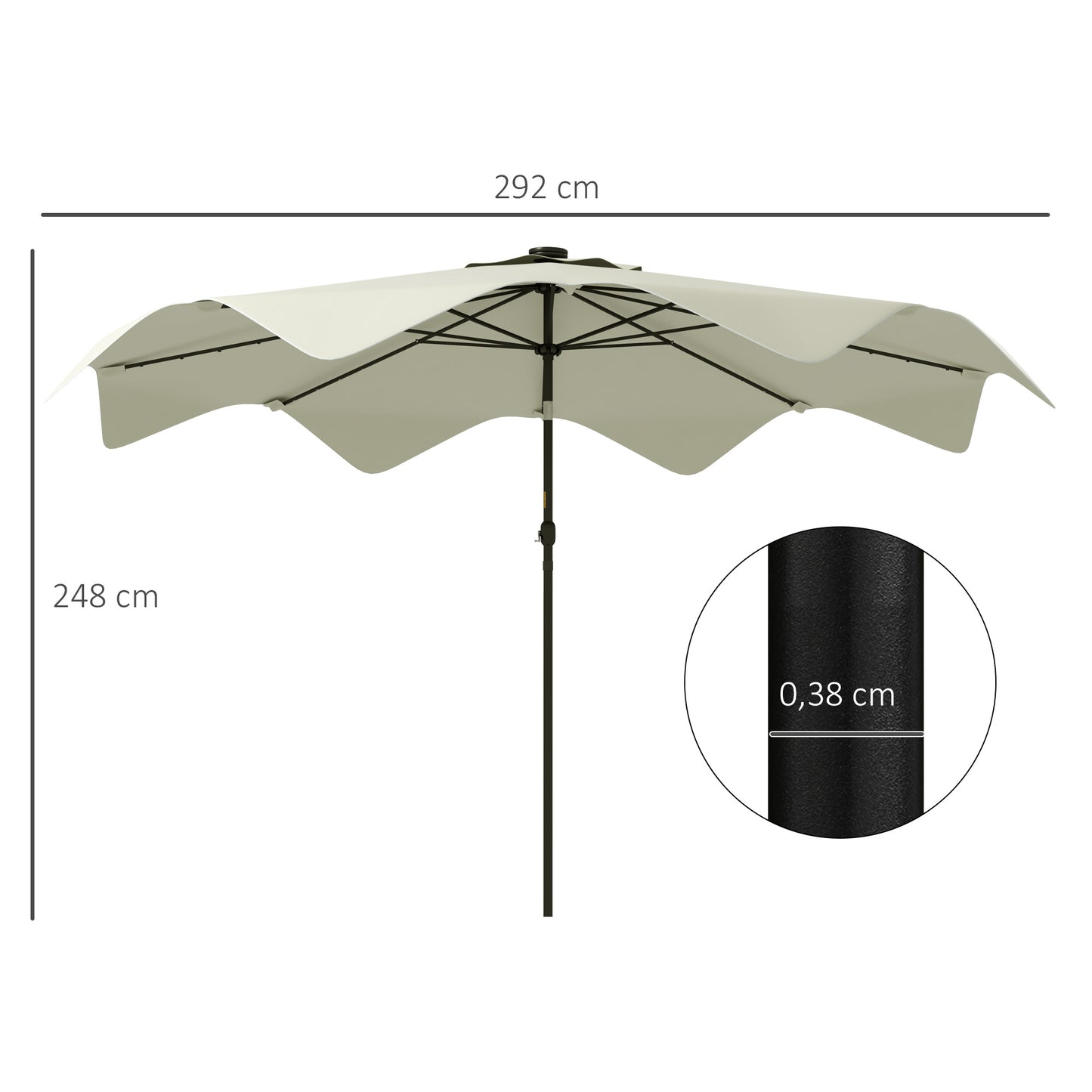 Outsunny Sombrilla de Jardín Ø292x248 cm Parasol de Terraza Manual con 32 Luces LED Solares 8 Varillas Ángulo Ajustable Impermeable y Rejillas de Ventilación para Patio Balcón Crema