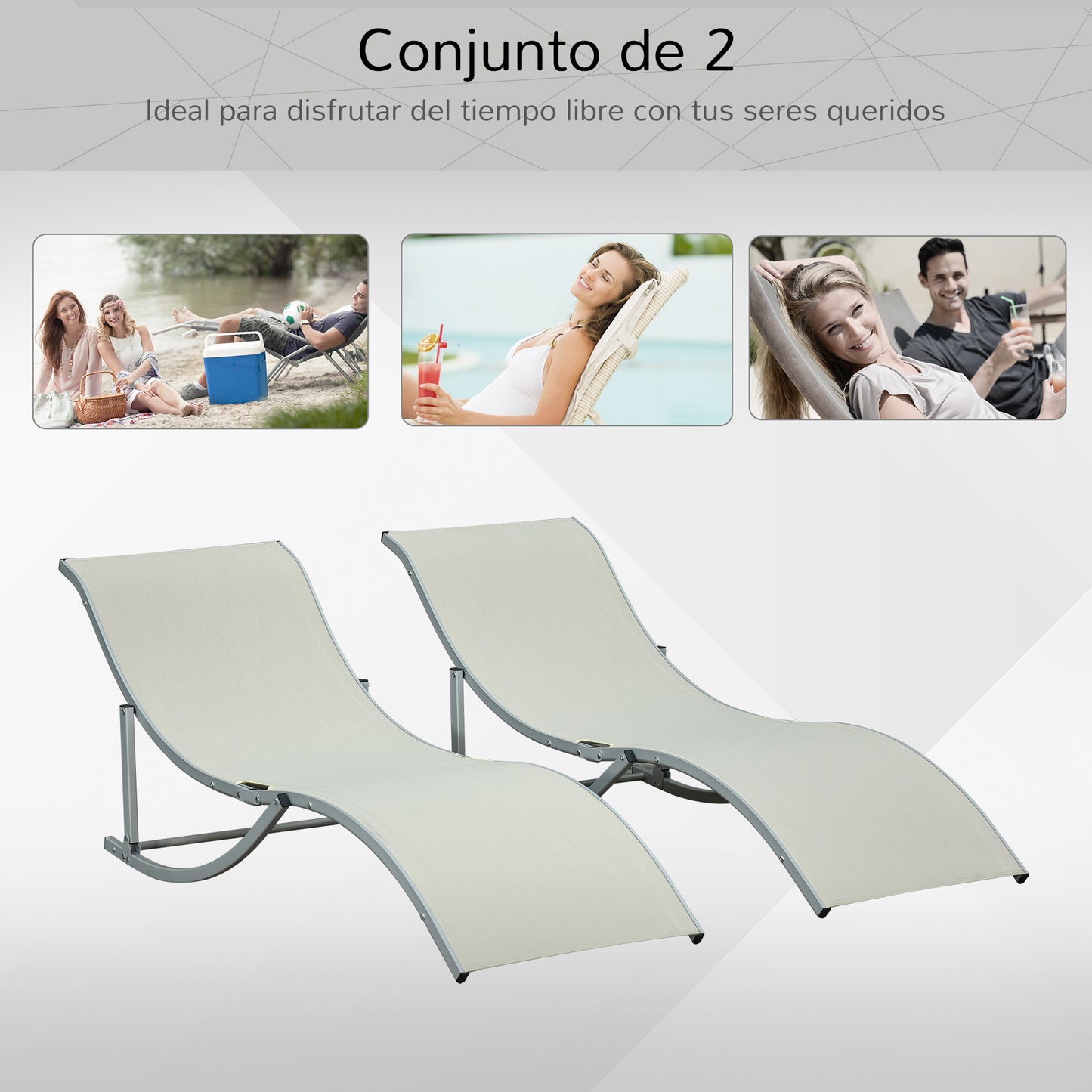 Outsunny 2 Tumbonas Plegables en Forma de S Ergonómica con Marco de Aluminio Texteline para Piscina Patio Jardín Terraza 165x61x63 cm Beige