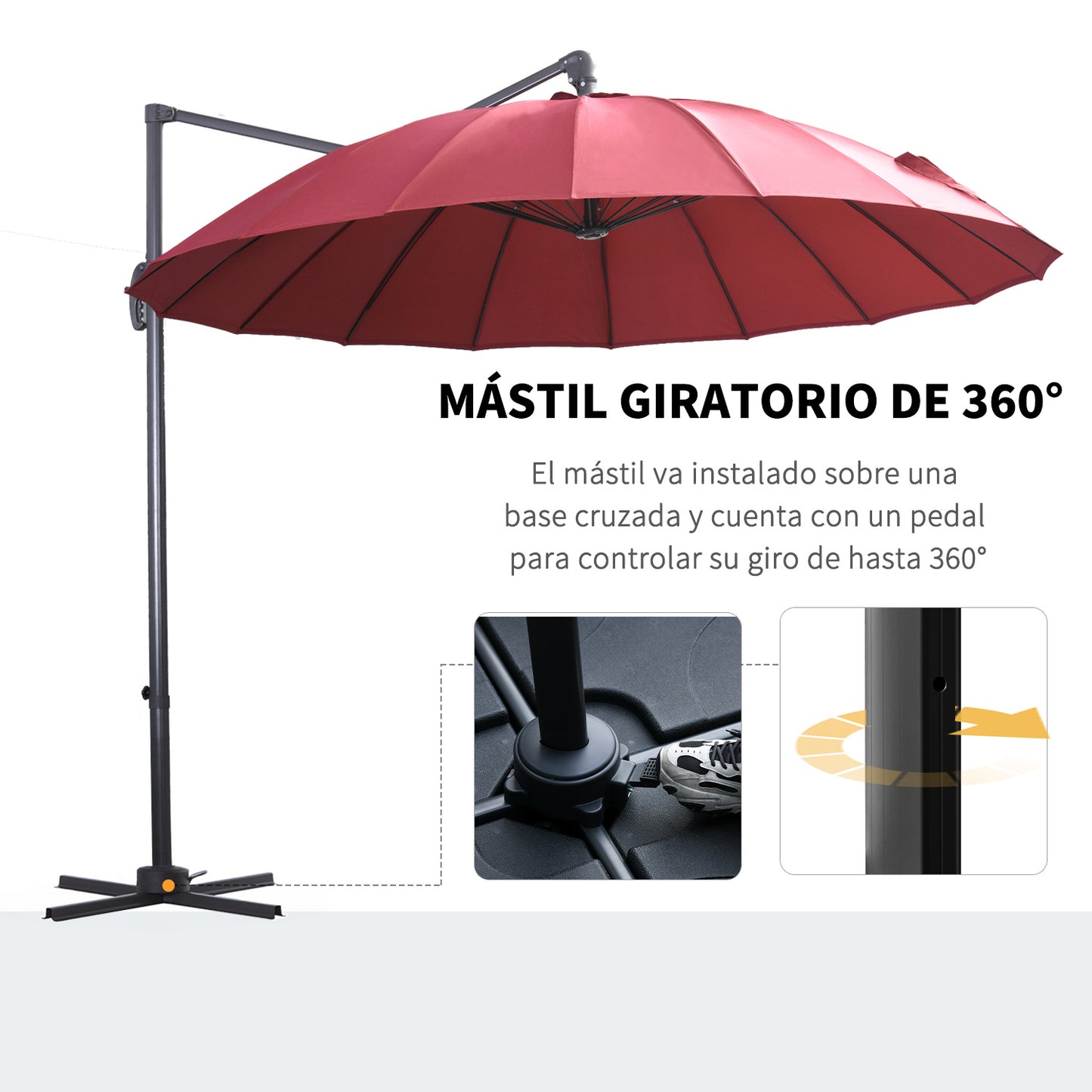 Outsunny Parasol Sombrilla de Jardín Ø300 cm de Diámetro con Manivela y Poste Giratorio 360° Techo Inclinable en 6 Posiciones Base Cruzada Incluida Rojo