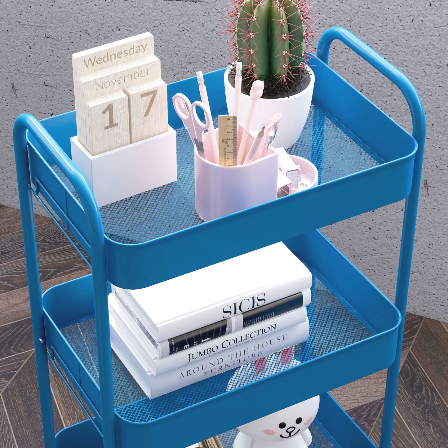 HOMCOM Carrito Auxiliar con Ruedas Carrito de Almacenamiento con 3 Cestas y Marco de Acero para Salón Dormitorio Oficina Cocina 45x30,6x79 cm Azul Oscuro