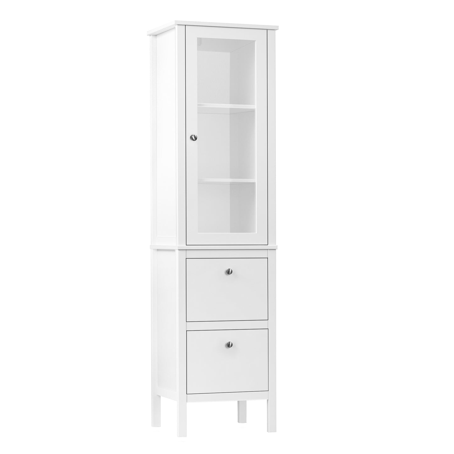 kleankin Armario Alto para Baño Mueble Columna de Baño con 1 Puerta de Cristal Estantes Ajustables y 2 Cajones Multiusos para Salón Cocina 43x35x160 cm Blanco