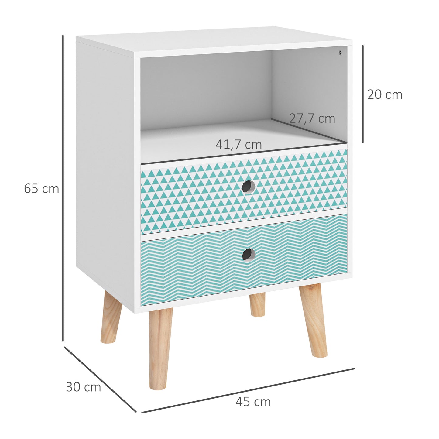 HOMCOM Mesita de Noche Cómoda de Madera Cajonera con 2 Cajones con Estante Abierto para Dormitorio Salón 45x30x65 cm Blanco