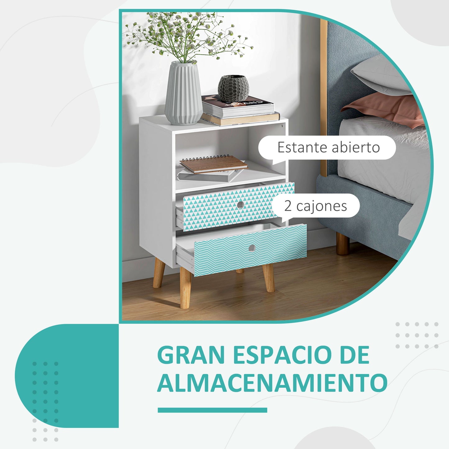 HOMCOM Mesita de Noche Cómoda de Madera Cajonera con 2 Cajones con Estante Abierto para Dormitorio Salón 45x30x65 cm Blanco