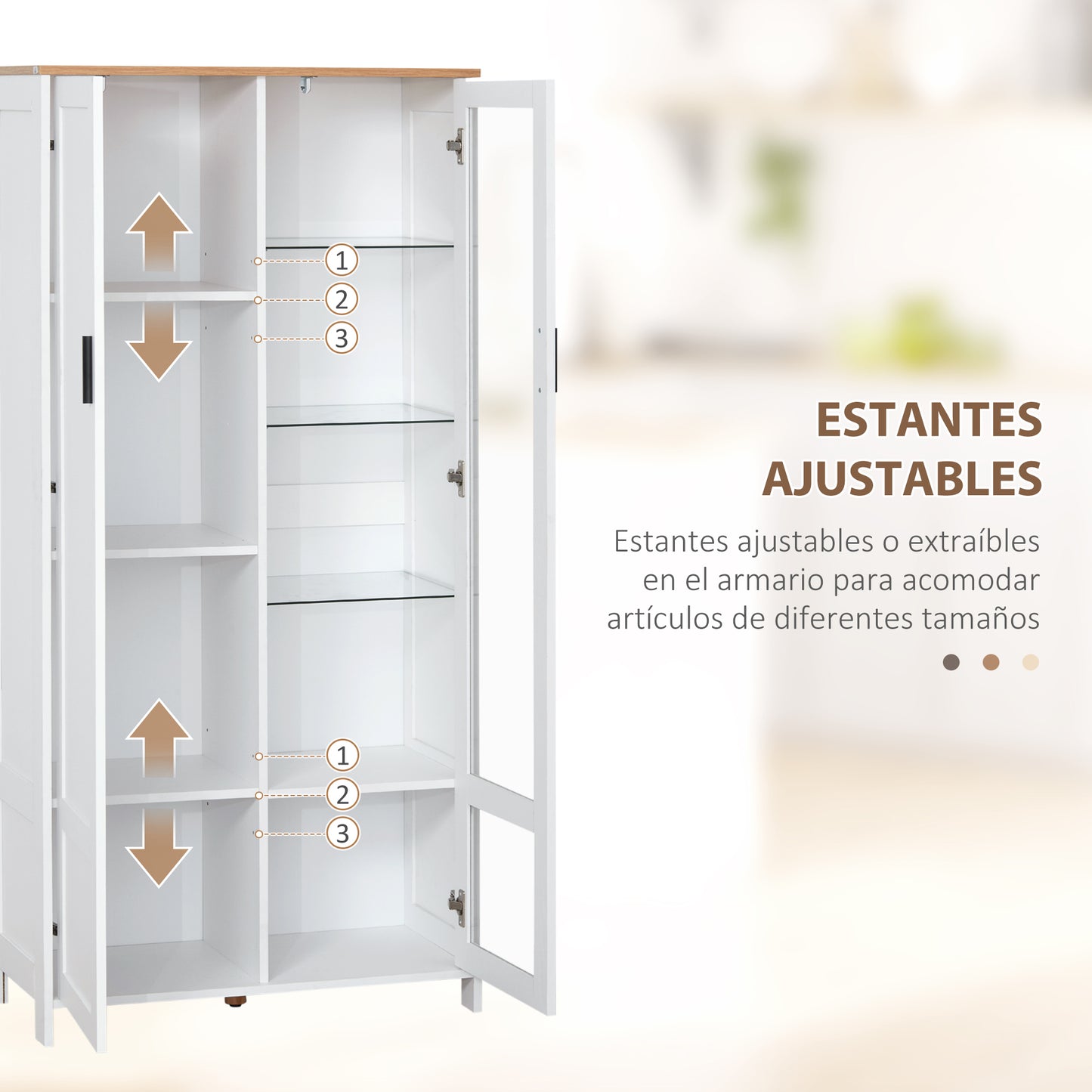 HOMCOM Alacena de Cocina Mueble Auxiliar de Cocina con Puerta de Vidrio Estantes Ajustables y Patas Elevadas para Salón Comedor 76x36x160 cm Blanco