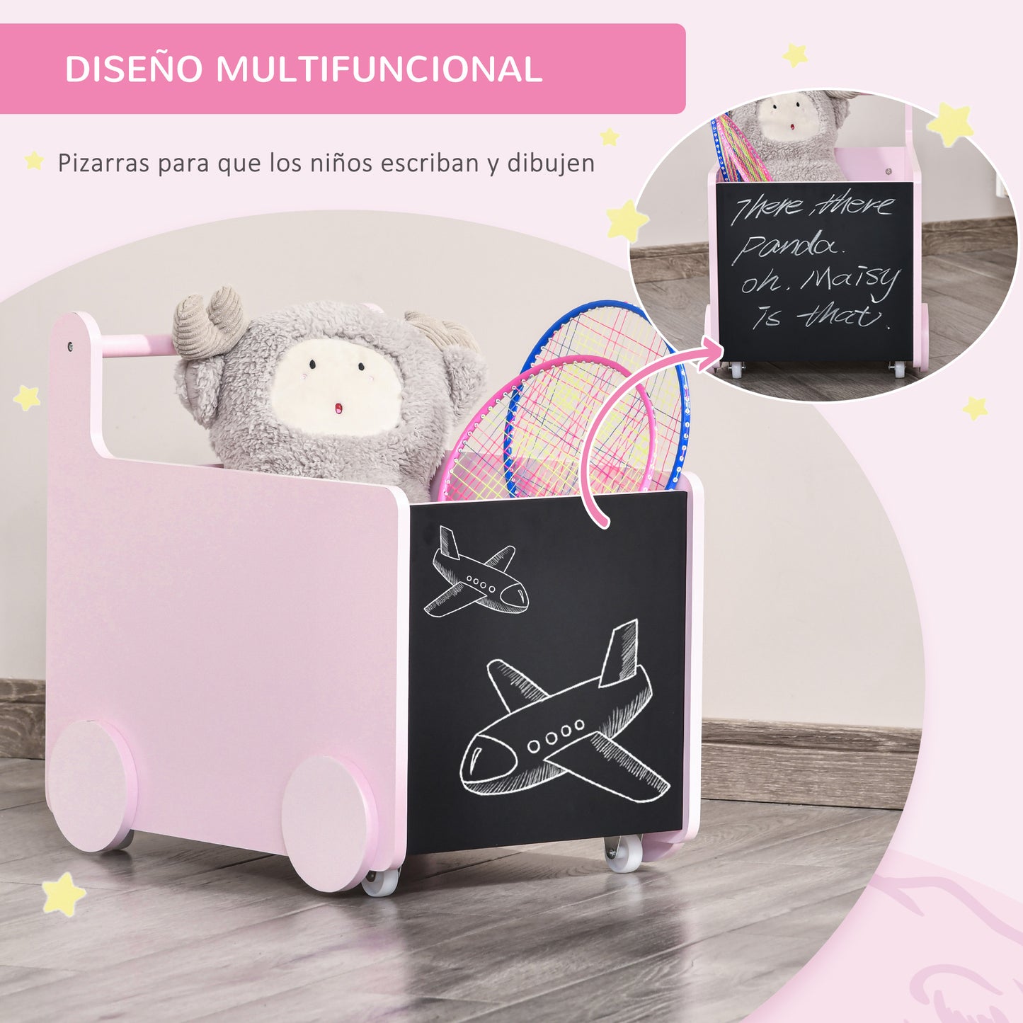 HOMCOM Caja de Almacenamiento de Juguetes Infantil con Ruedas Asa y 2 Pizarras de Escritura Baúl de Almacenaje para Habitación de Niños Guardería Sala de Juegos 47x35x45,5 cm Rosa