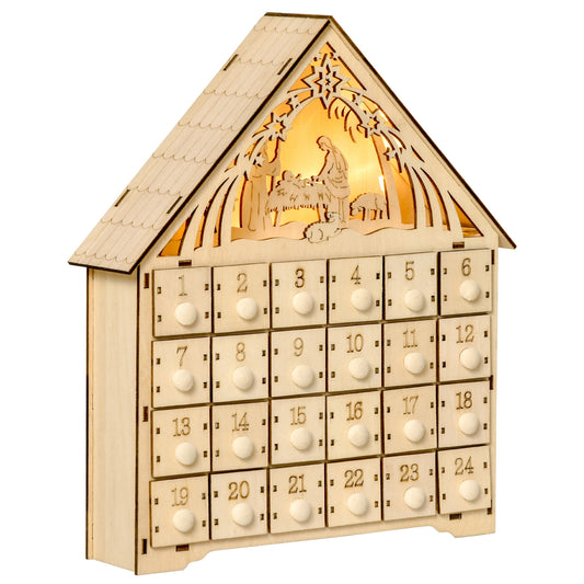 HOMCOM Calendario de Adviento de Madera con Luces Calendario de Navidad con 24 Cajas de Cuenta Regresiva Decoración Navideña para Rellenar 26,6x6x30 cm Natural