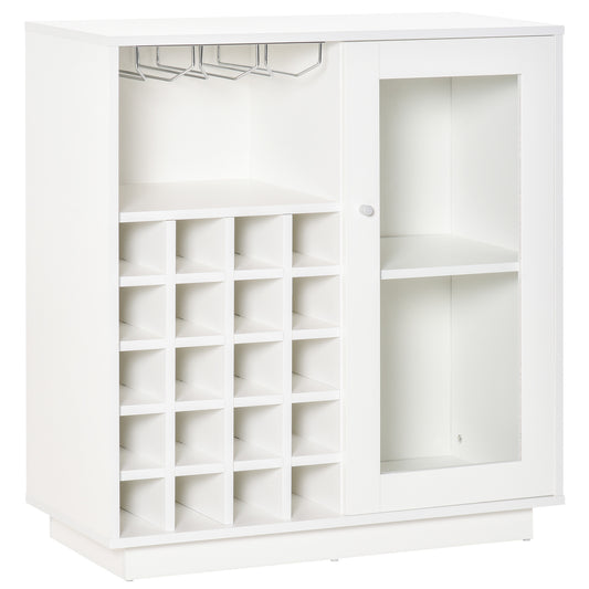 HOMCOM Aparador de Cocina con Botellero para 20 Botellas Armario Auxiliar con 1 Puerta de Cristal Estantes y Soporte de Copas de Vino para Comedor Bar 80x36x85 cm Blanco