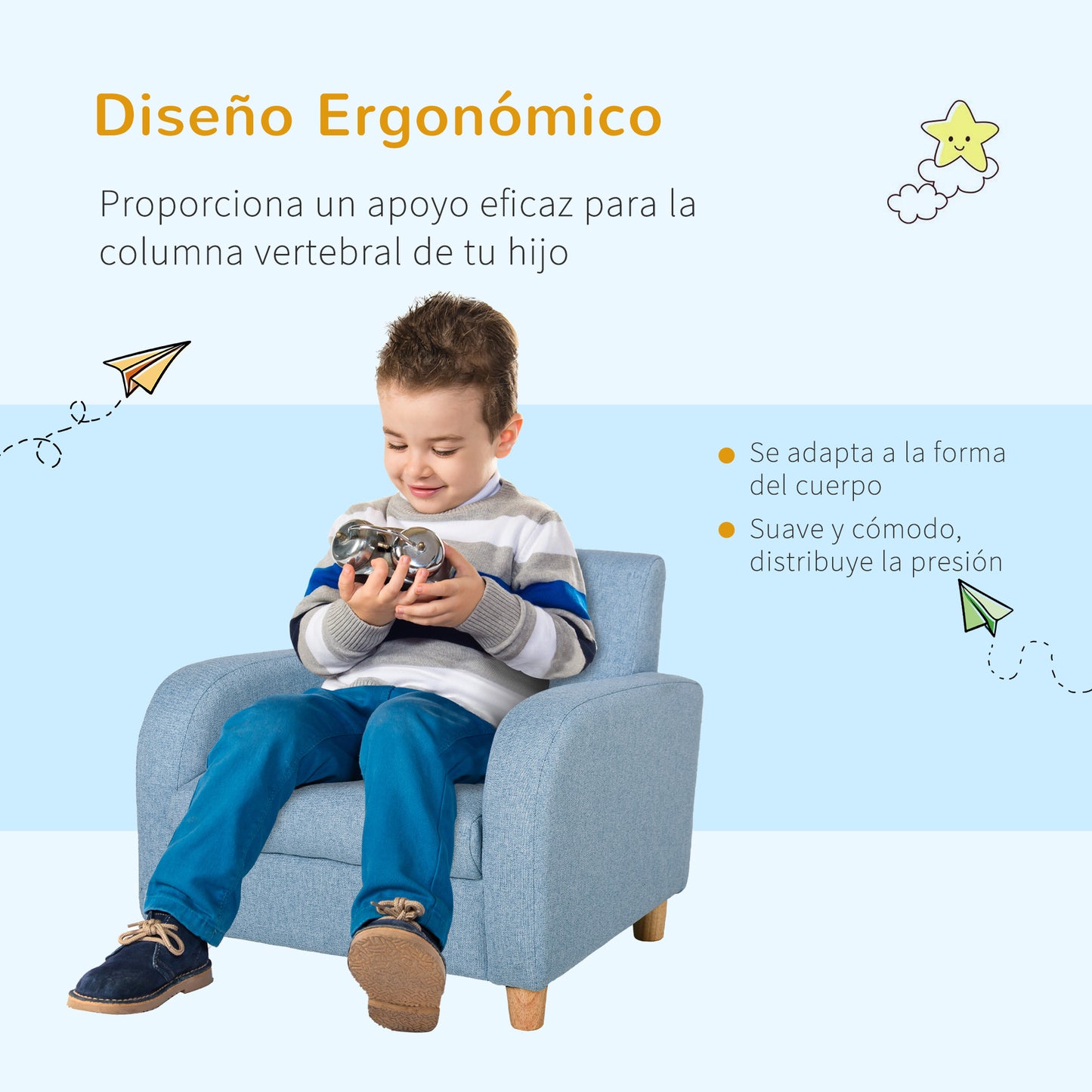 HOMCOM Sillón Infantil Mini Sofá para Niños de +3 Años con Asiento Acolchado Reposabrazos y Estructura de Madera Carga Máx. de 65 kg 49x45x44 cm Azul