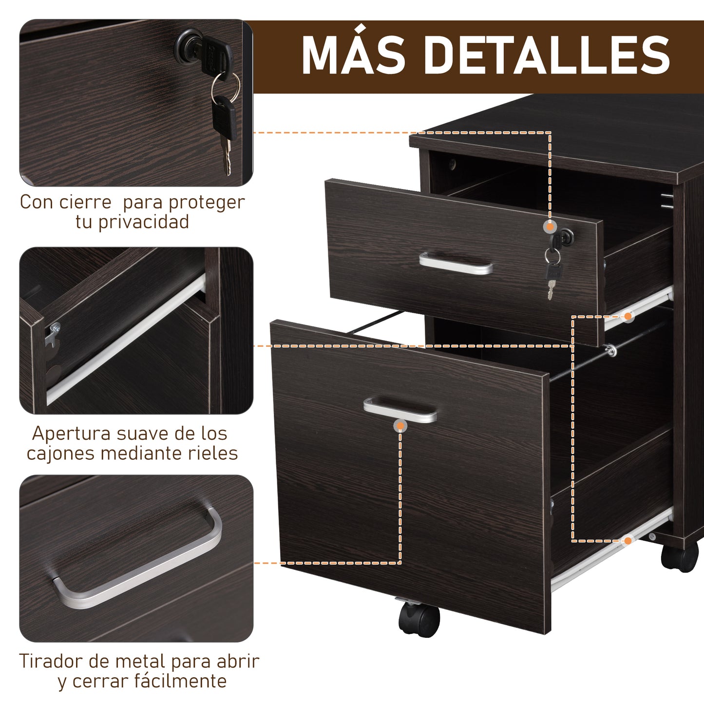 Vinsetto Archivador Móvil para Archivos A4 con Ruedas Gabinete de Archivos Suspendidos con 2 Cajones y Cerradura 40x45x55,6 cm wengué