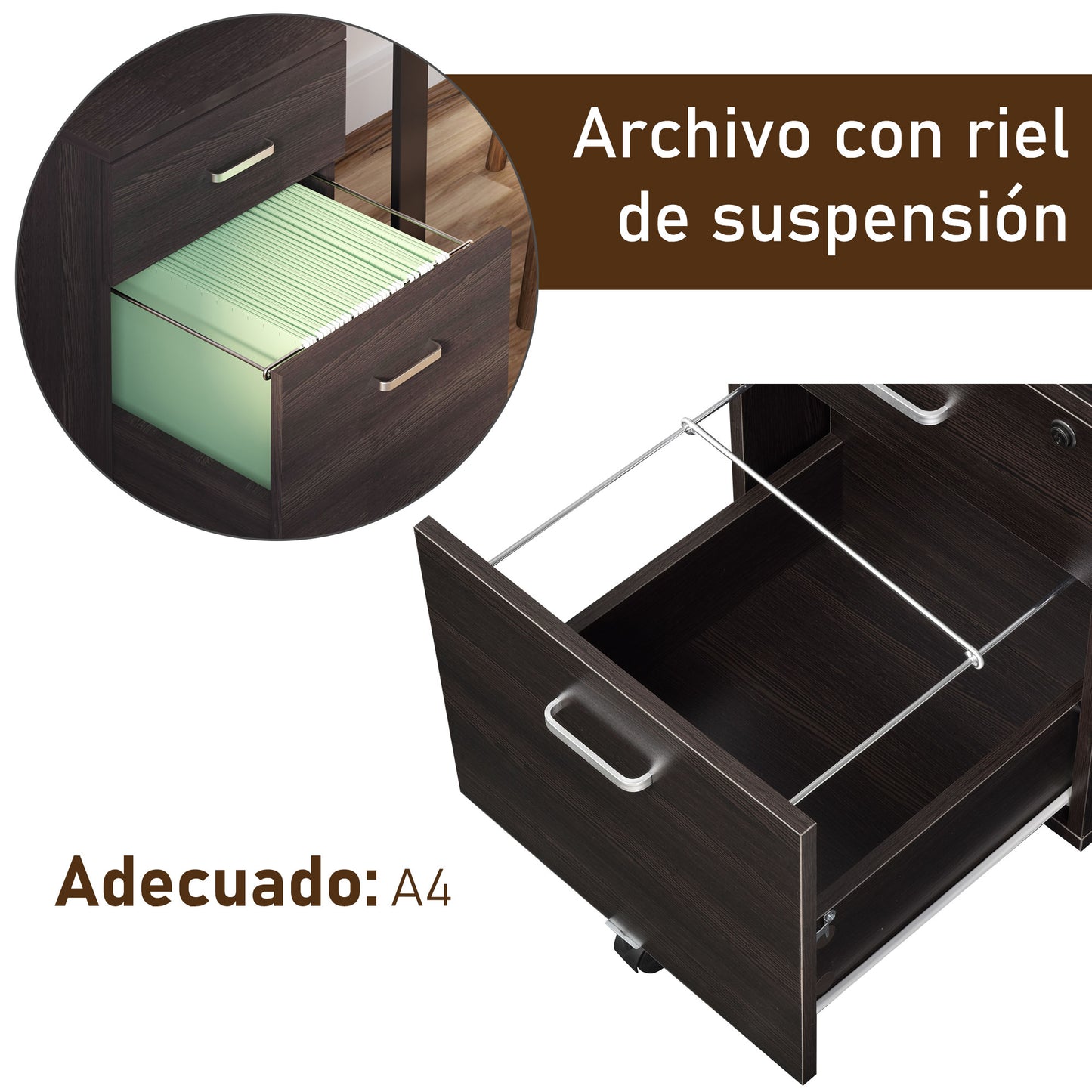 Vinsetto Archivador Móvil para Archivos A4 con Ruedas Gabinete de Archivos Suspendidos con 2 Cajones y Cerradura 40x45x55,6 cm wengué