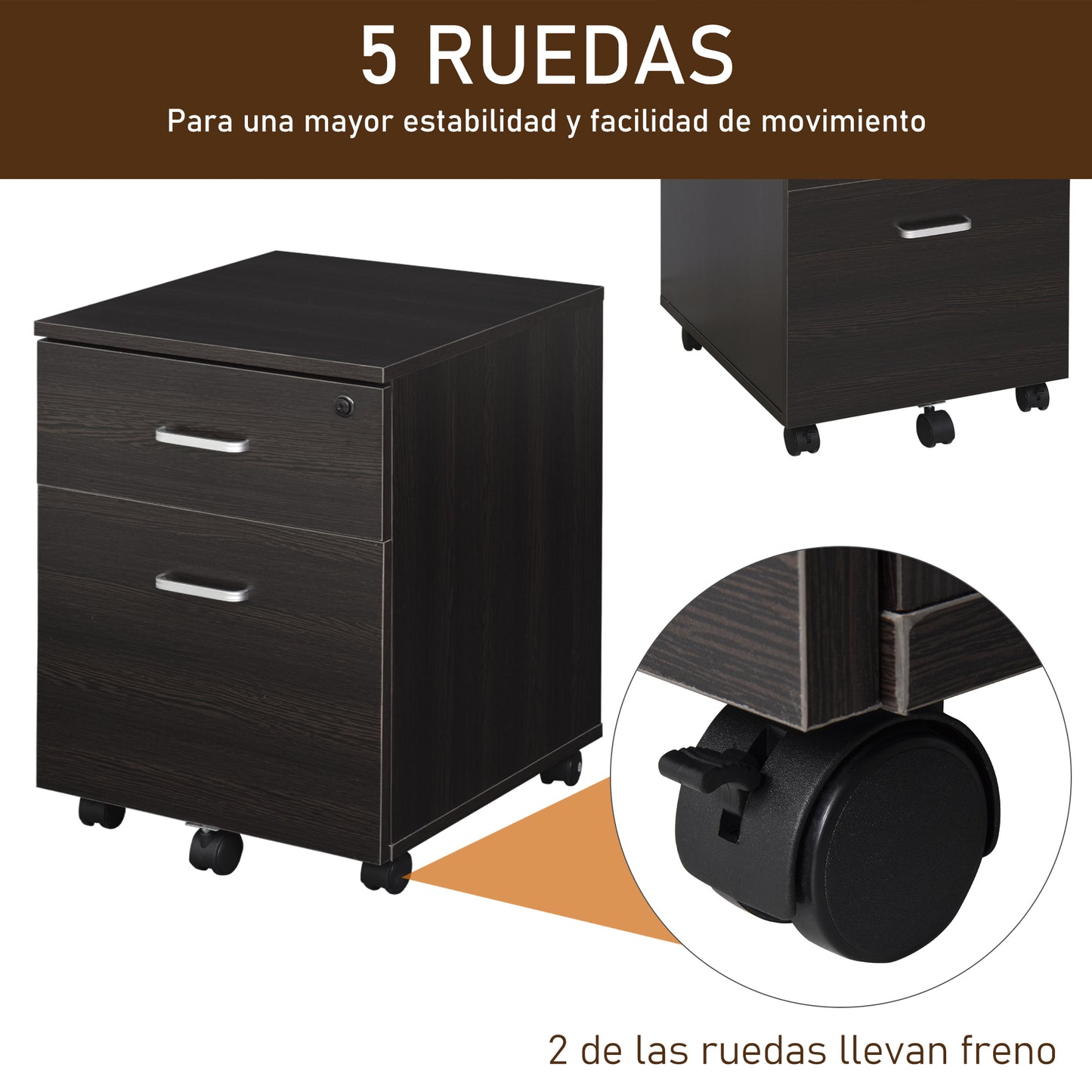 Vinsetto Archivador Móvil para Archivos A4 con Ruedas Gabinete de Archivos Suspendidos con 2 Cajones y Cerradura 40x45x55,6 cm wengué