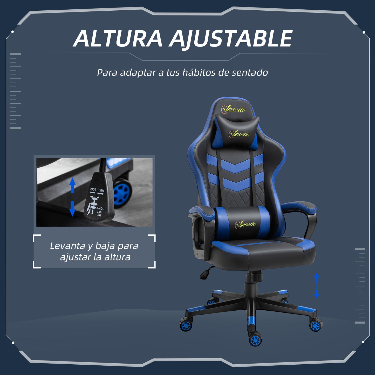 Vinsetto Silla Gaming Silla Gamer Basculante con Altura Ajustable Giratoria Reposacabezas y Lumbar Desmontable Silla de Oficina Estudio Azul