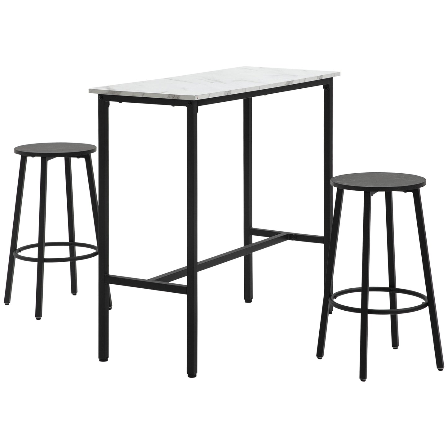 HOMCOM Juego de Mesa de Comedor Mesa Alta de Bar con 2 Taburetes Redondo 3 Piezas Marco de Acero Estilo Moderno para Cocina Salón Blanco y Negro