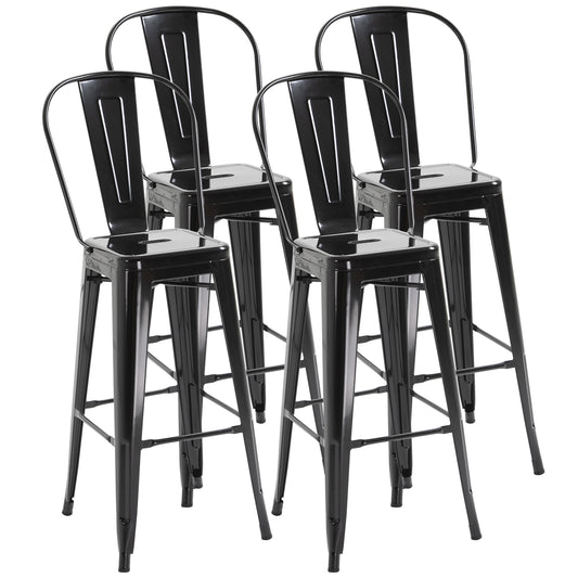 HOMCOM Juego de 4 Taburetes de Bar con Respaldo Alto Silla de Comedor de Metal con Reposapiés para Comedor Carga 120 kg 44x49x116 cm Negro