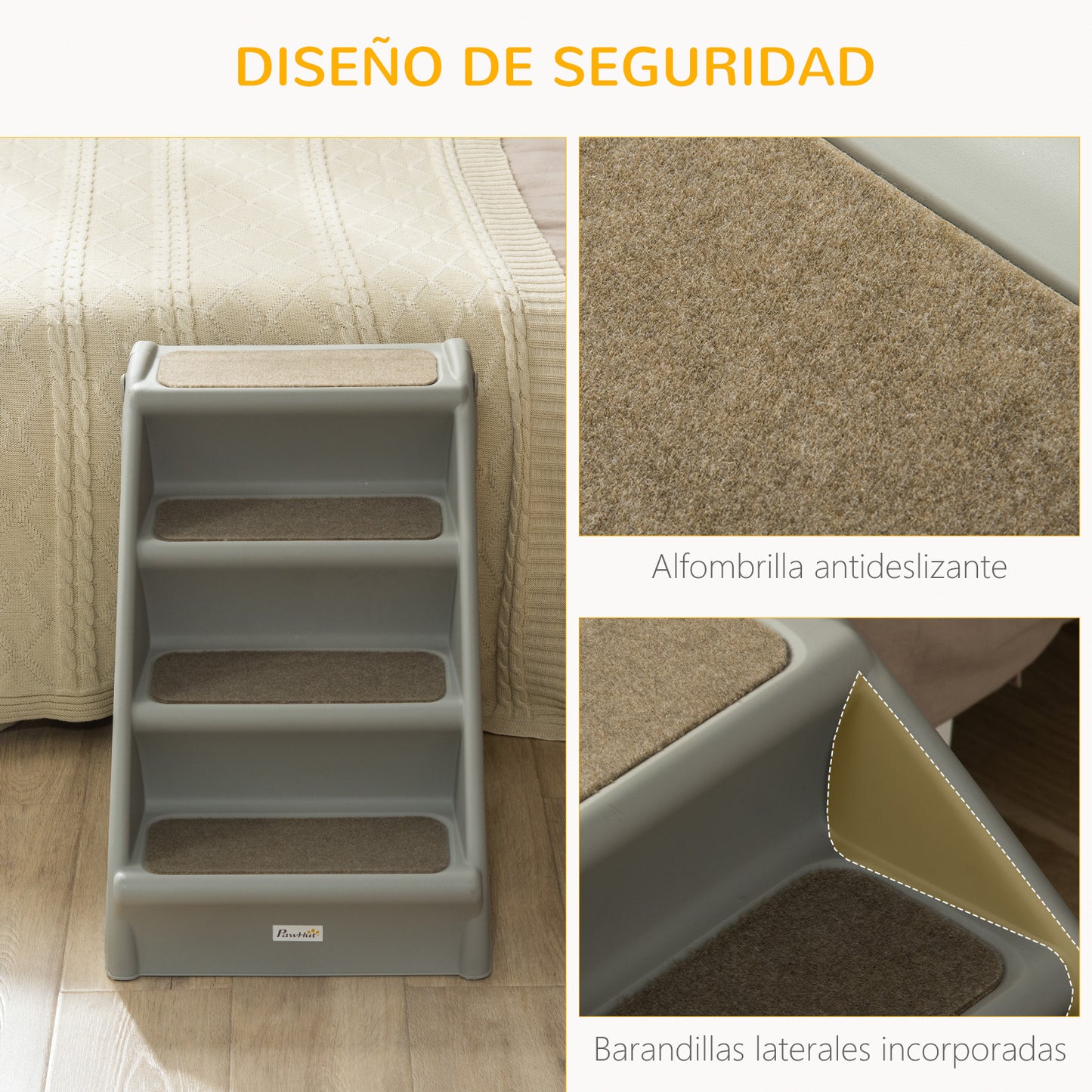 PawHut Escalera Plegable para Mascotas de 4 Peldaños Escalón para Perros Gatos Portátil con Alfombras Antideslizantes para Cama Sofá Carga 20 kg 62x38x49,5 cm Gris