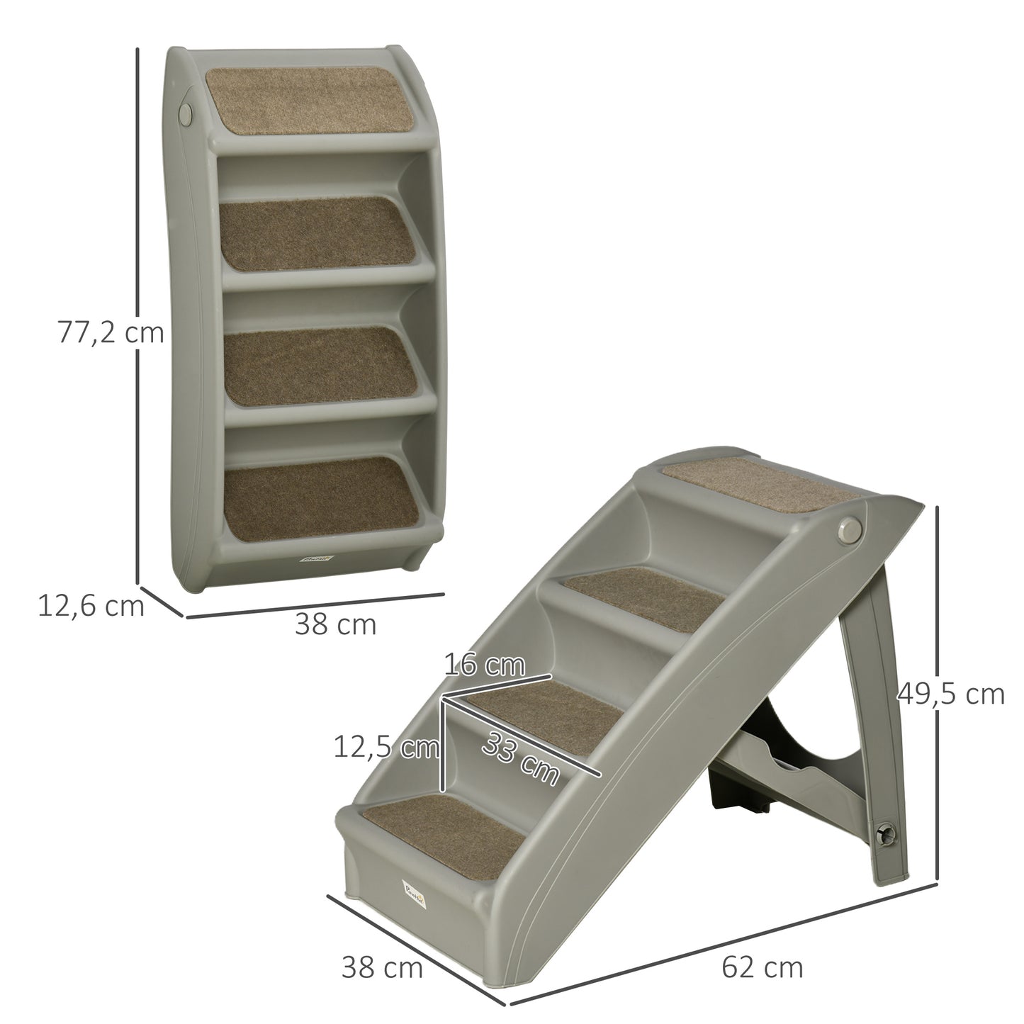 PawHut Escalera Plegable para Mascotas de 4 Peldaños Escalón para Perros Gatos Portátil con Alfombras Antideslizantes para Cama Sofá Carga 20 kg 62x38x49,5 cm Gris