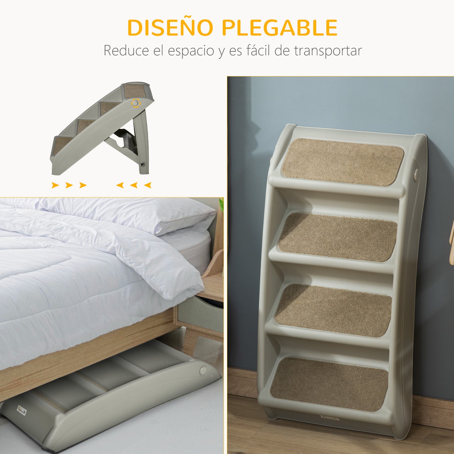 PawHut Escalera Plegable para Mascotas de 4 Peldaños Escalón para Perros Gatos Portátil con Alfombras Antideslizantes para Cama Sofá Carga 20 kg 62x38x49,5 cm Gris