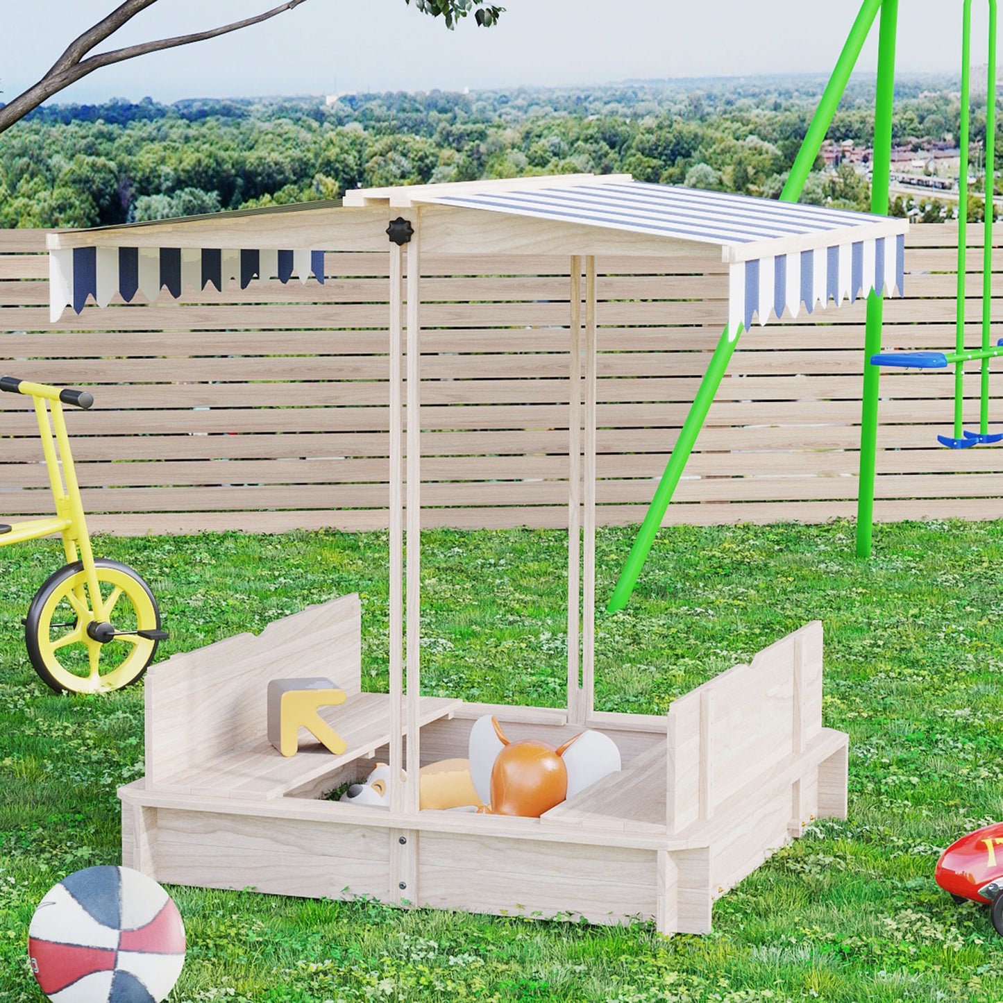 Outsunny Arenero para Niños de Madera Arenero Infantil con Toldo Ajustable en Altura 2 Bancos y Respaldos Desmontables para Patio Jardín 106x106x121 cm Madera Natural