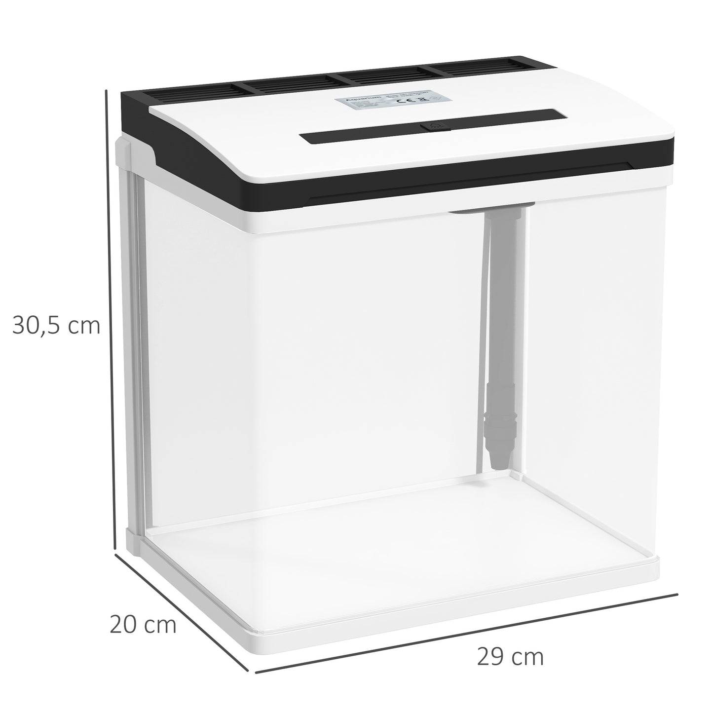 PawHut Acuario de Cristal de 13L Pecera Pequeña con Sistema de Filtro Iluminación LED Bomba de Agua 29x20x30,5 cm Blanco