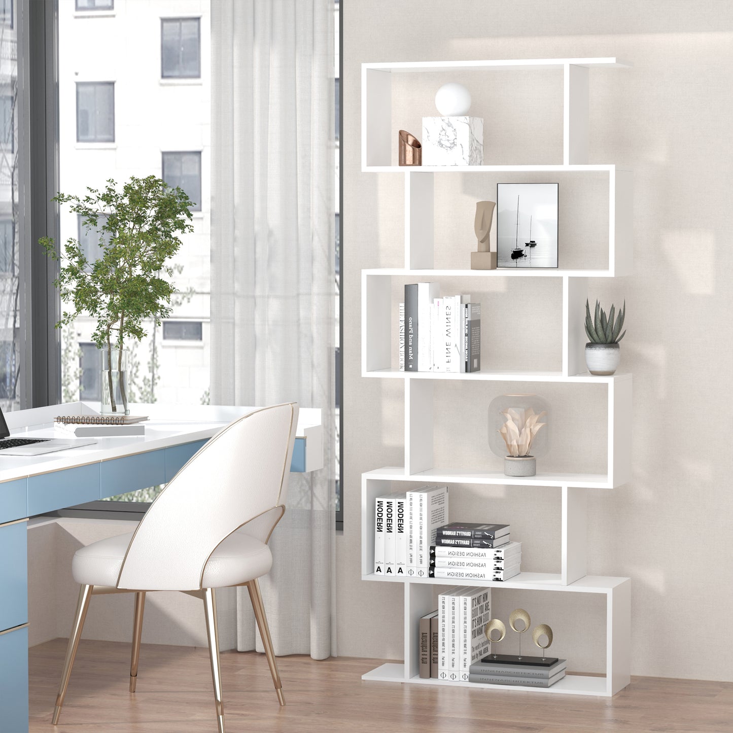 HOMCOM Estantería para Libros Moderna Librería con 6 Estantes para Comedor Salón Estudio 80x23x192 cm Blanco