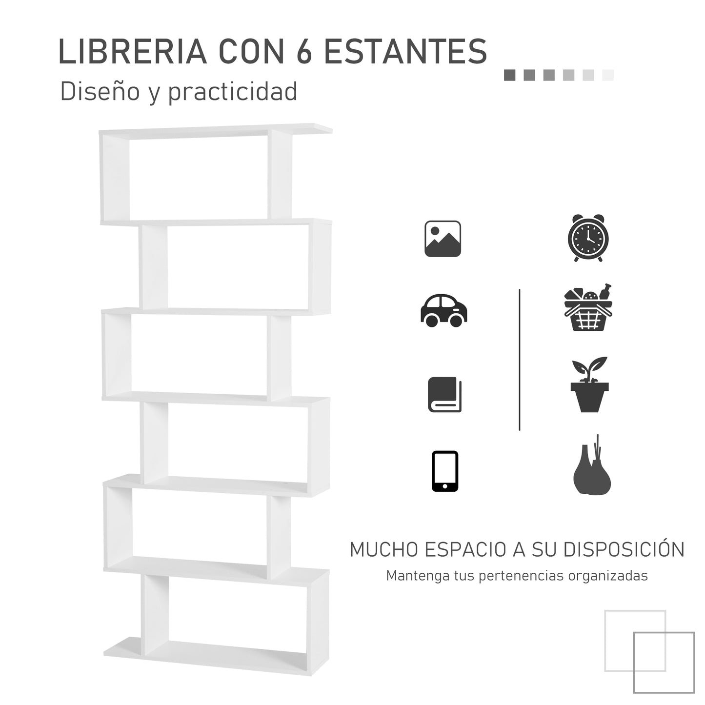 HOMCOM Estantería para Libros Moderna Librería con 6 Estantes para Comedor Salón Estudio 80x23x192 cm Blanco