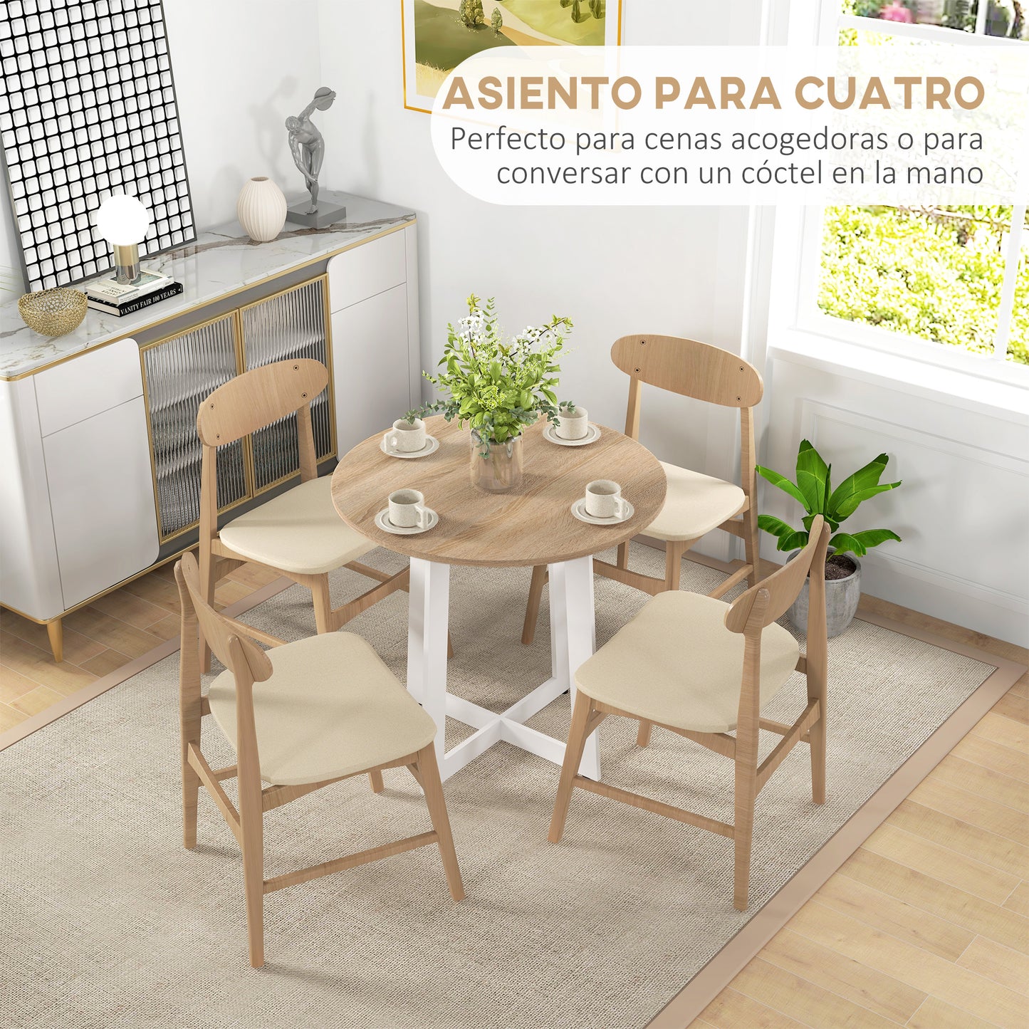 HOMCOM Mesa de Comedor Redonda para 4 Personas Mesa de Cocina Moderna con Tablero de Madera y Base de Acero Cruzada para Salón Ø80x75 cm Roble